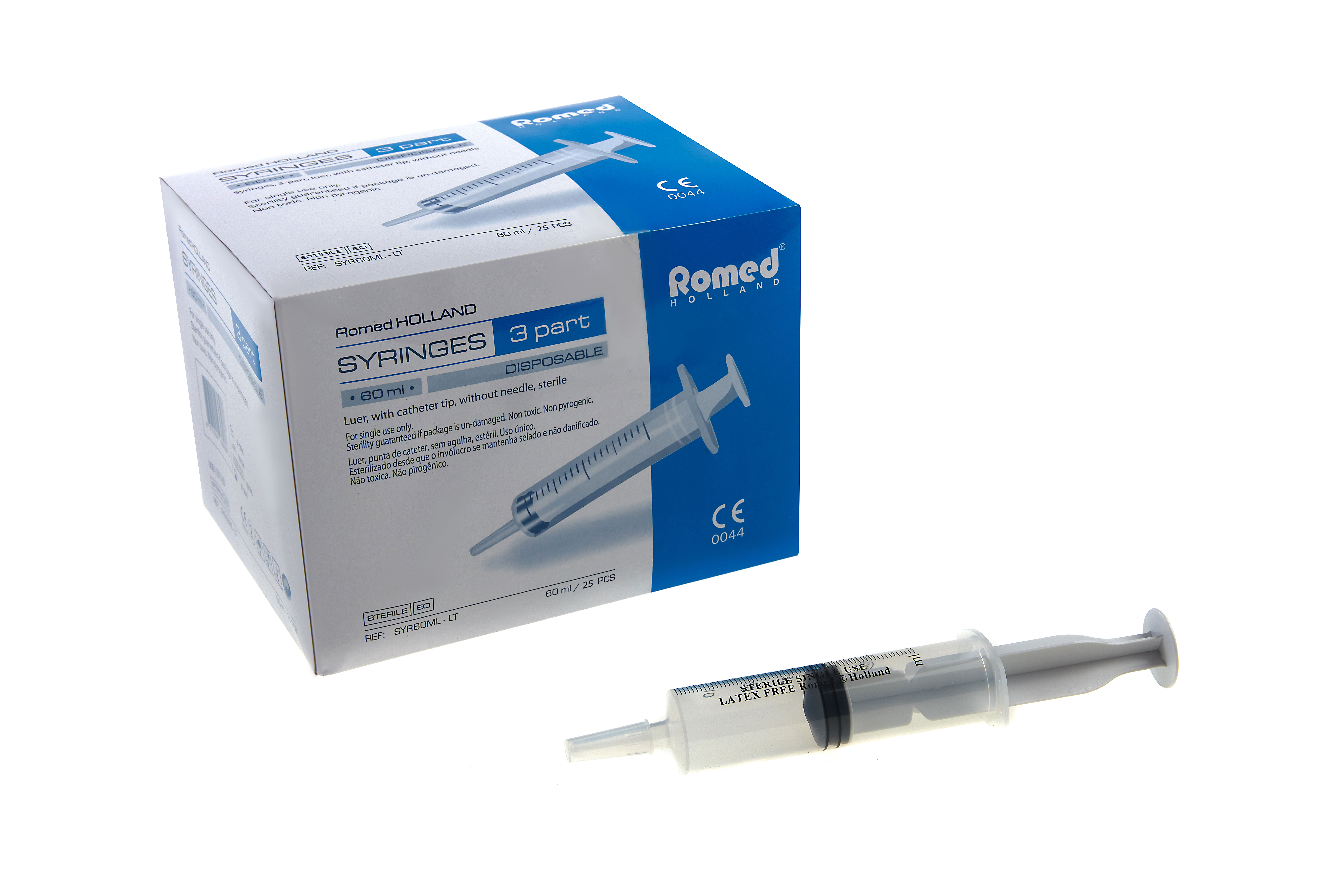 SYR60ML-LT Romed 3-part syringes 60ml, catheter tip, sterile per piece, 25 pcs in an inner box, 16 x 25 pcs = 400 pcs in a carton.