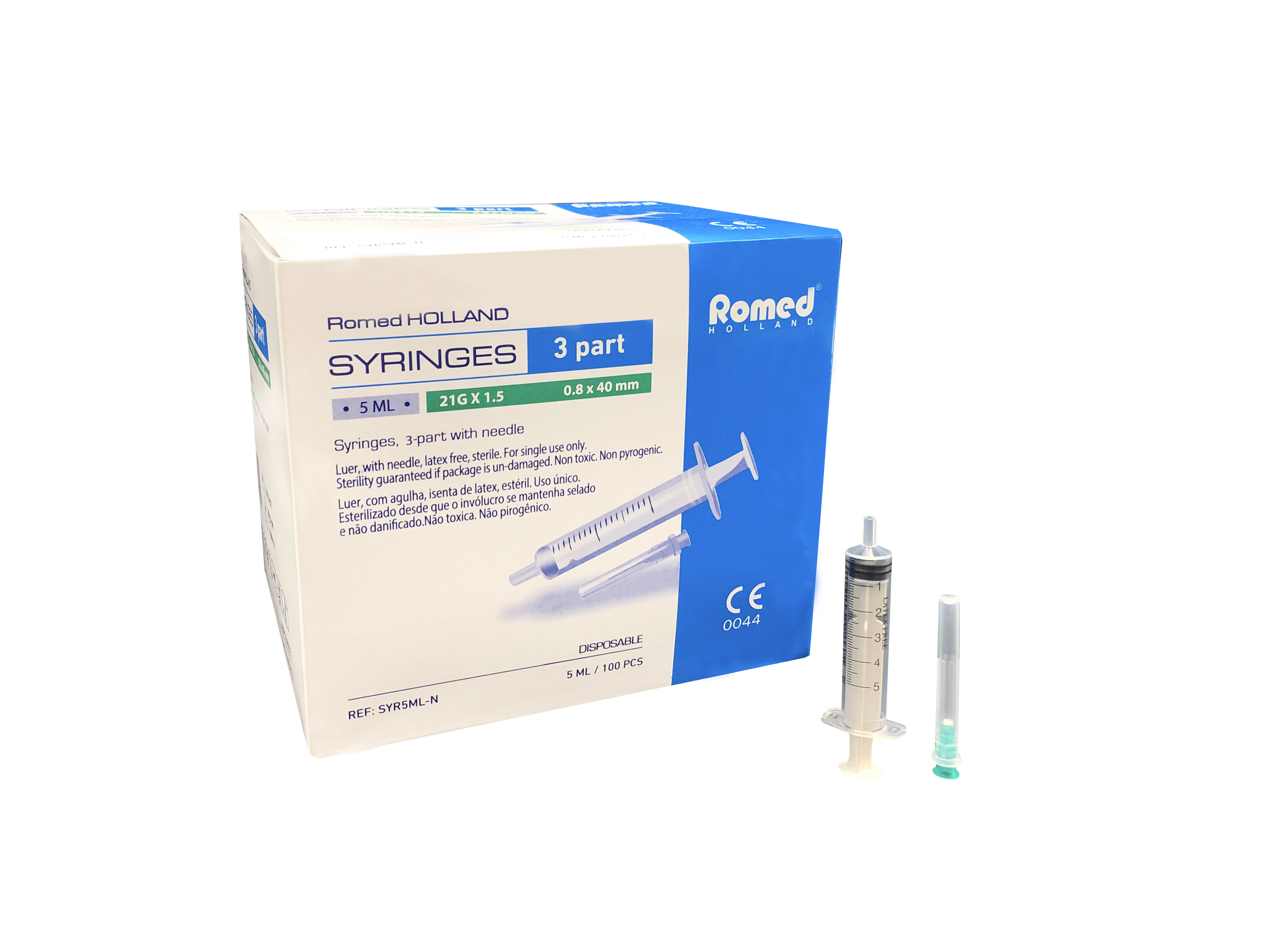 SYR2ML-N Romed 3-part syringes 2ml, with bypacked needle (23gx1"), sterile per piece, 100 pcs in an inner box, 30 x 100 pcs = 3.000 pcs in a carton.