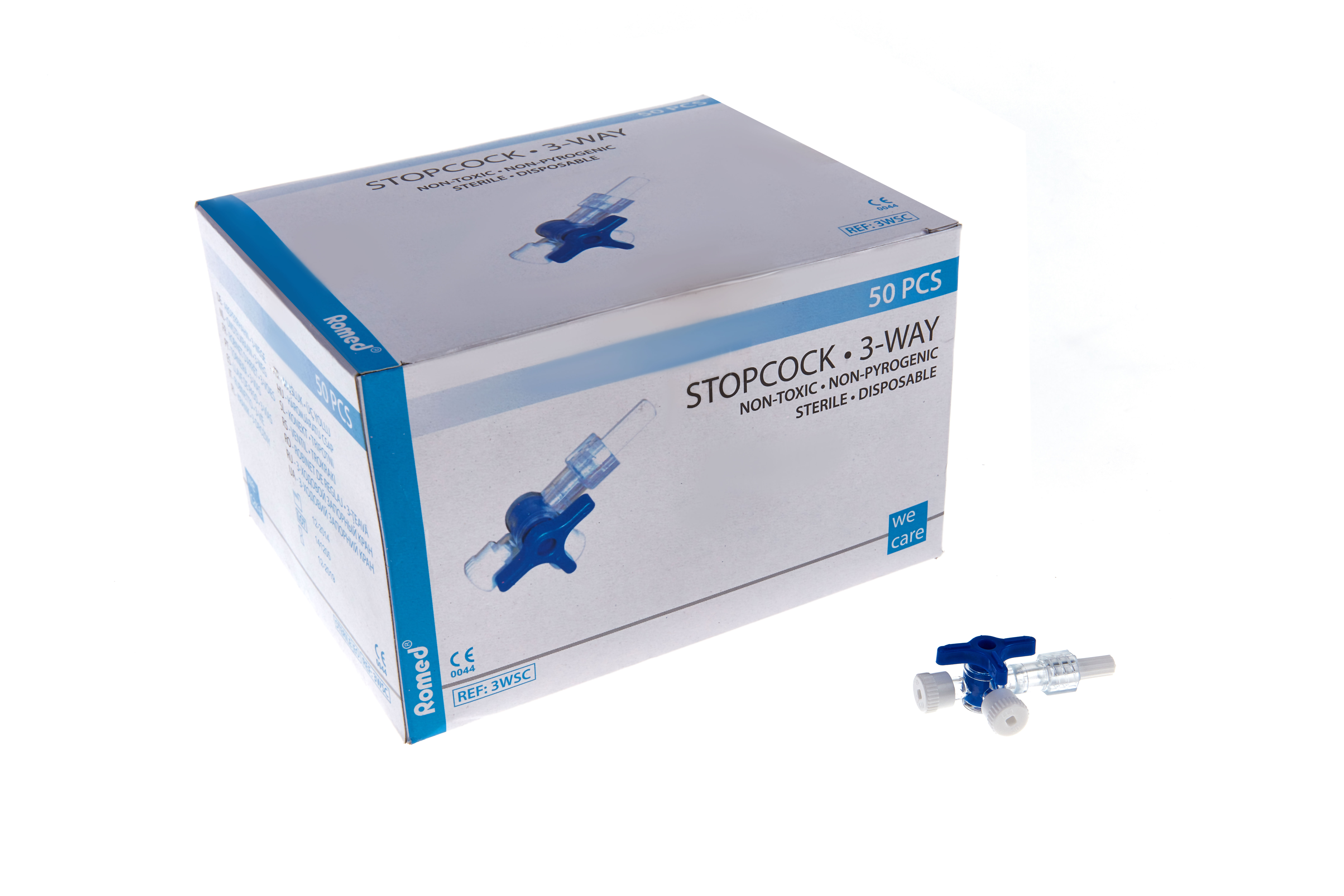 3WSC Romed stop cocks, 3-way, sterile per piece in blister pack, 50 pcs in inner box, 20 x 50 pcs = 1.000 pcs in a carton.