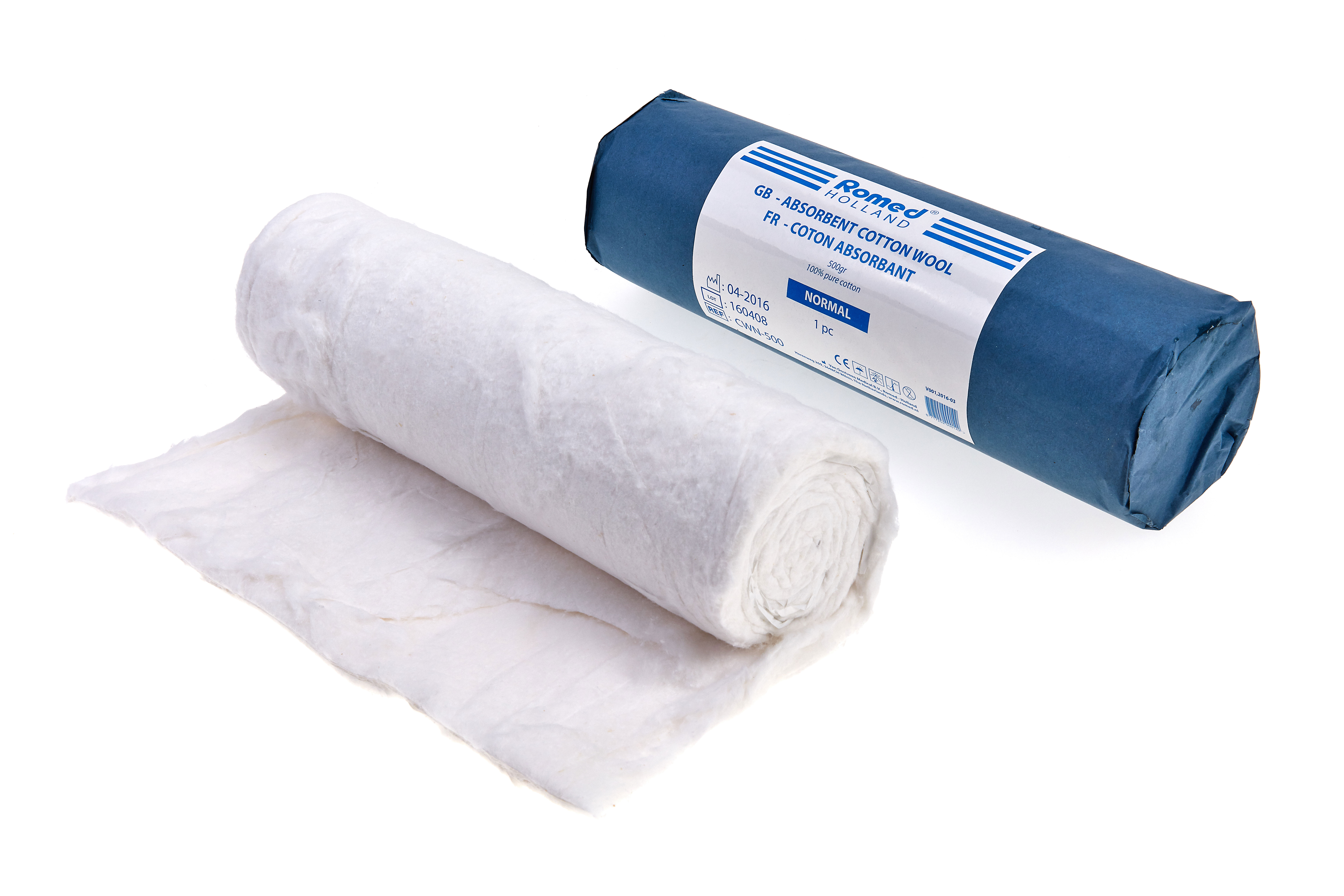 CWN-500 Ouate absorbante Romed, dégraissée et blanchie, avec papier bleu: extrémité coupée, 500gr, 100% pur coton, par pièce, 30 rouleaux dans un carton