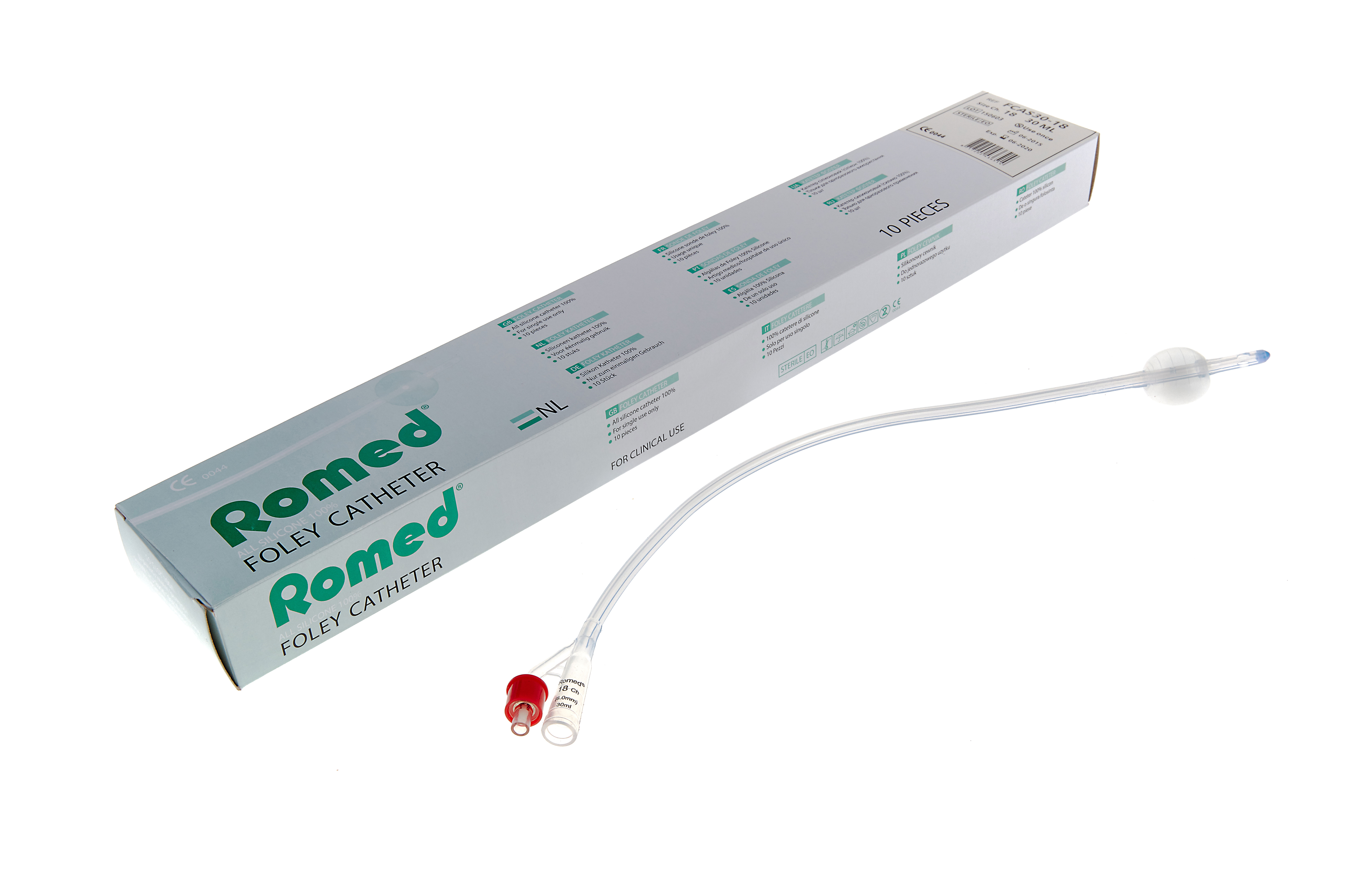 FCAS10-12 Romed Foley balloon catheters 2-way, ch. 12, all silicone, 10ml, sterile per piece, per 10 pcs in an inner box, 10 x 10 pcs = 100 pcs in a carton.