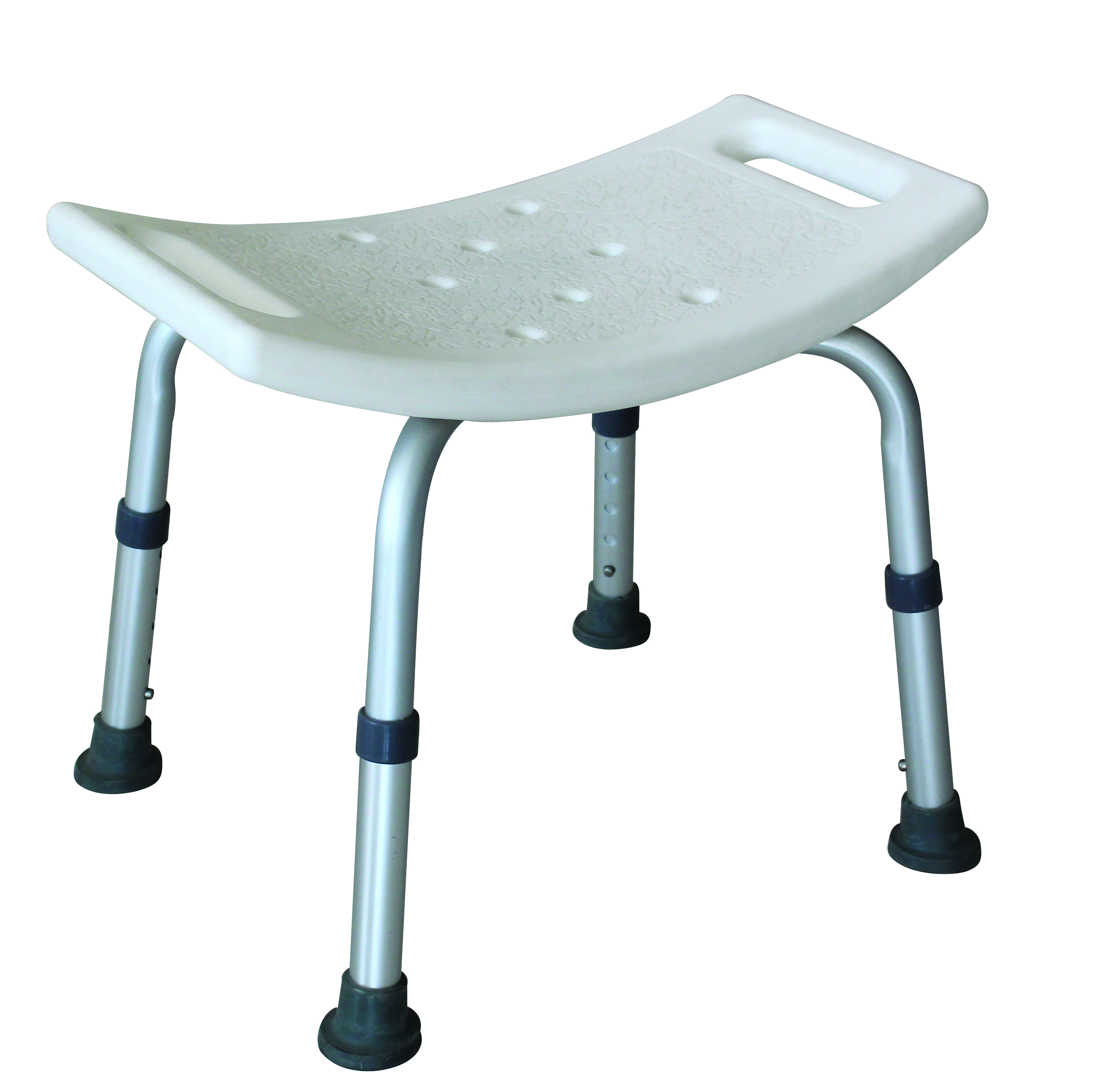 BAT-02 Chaise de bain en aluminium Romed sans dossier, avec orifi ces d‘égouttement et coussin antidérapant.