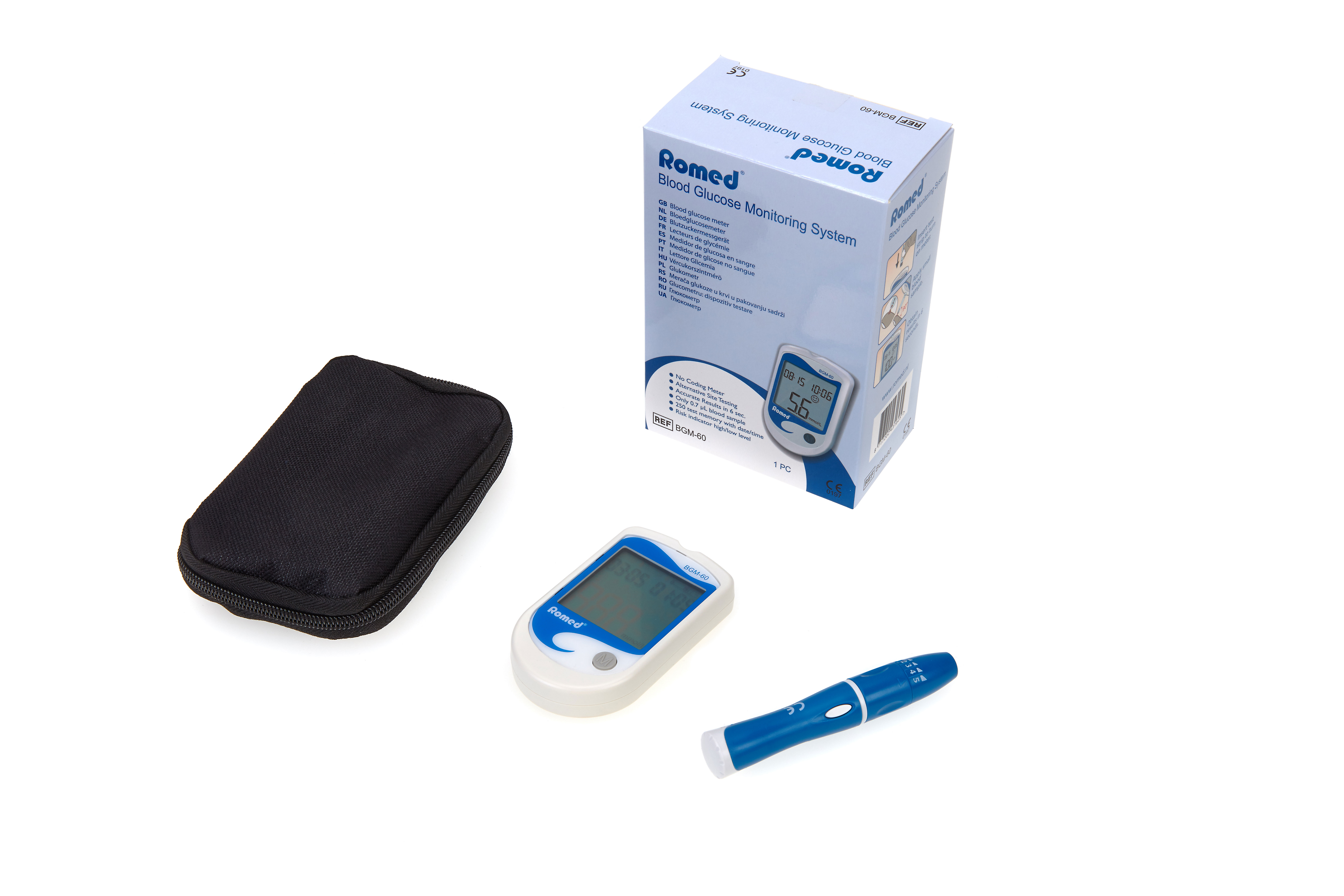 BGM-60 Romed blood glucose meters complete (incl. meter and lancing device and carrying case), packed per piece, 15 pcs in an inner box, 4 x 15 pcs = 60 pcs in a carton.