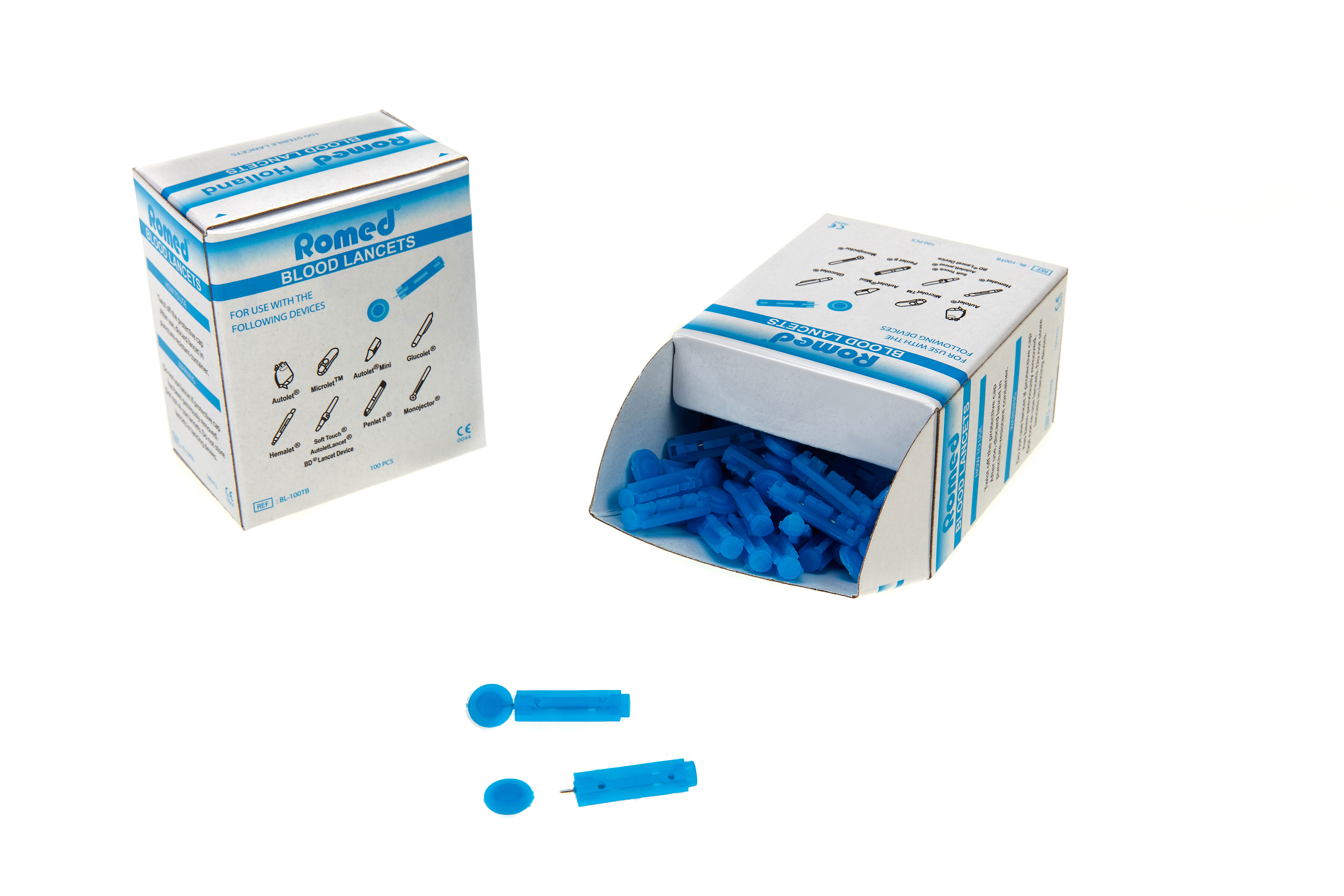BL-100TB Romed blood lancets with tribevel, fine gauge, blue, sterile per piece, 100 pcs in a dispenser box, 5.000 pcs in an inner box, 4 x 5.000 pcs = 20.000 pcs in a carton.