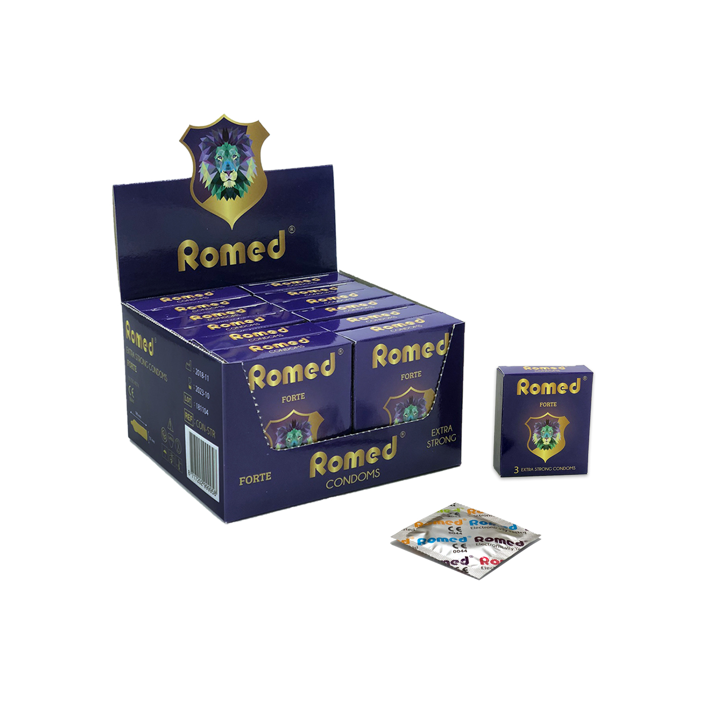 CON-STR Romed condoms, extra strong, packed per piece in (square) foil, 3 pcs in a small box, 12 x 3 pcs = 36 pcs in a shelf ready box, 4 x 36 pcs = 144 pcs in an inner box (=1 gross), 30 x 144 pcs = 4.320 pcs in a carton.