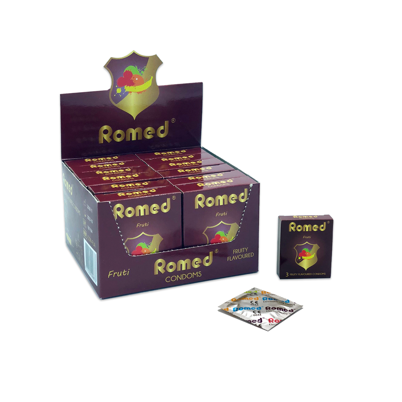 CON-FLA Romed condooms met smaak, verpakt per 3 stuks in een envelopje, in cellofaan, 48 envelopjes van 3 stuks = 144 stuks (= 1 gros) in binnendoosje, 30 x 144 stuks = 4.320 stuks in een karton.