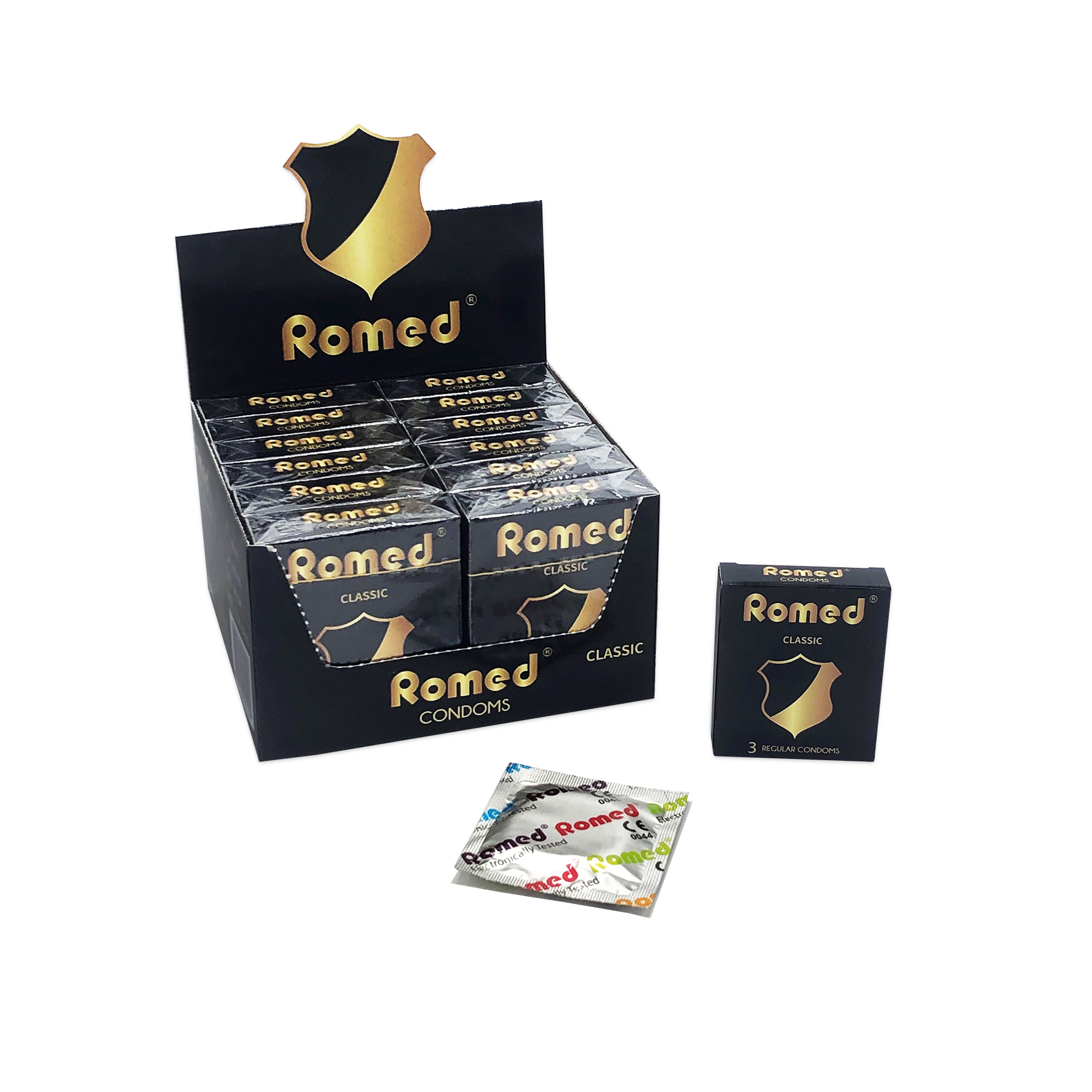 CON3P40 Romed condoms, packed per piece in (square) foil, 3 pcs in a small box, 12 x 3 pcs = 36 pcs in a shelf ready box, 4 x 36 pcs = 144 pcs in an inner box (=1 gross), 30 x 144 pcs = 4.320 pcs in a carton.