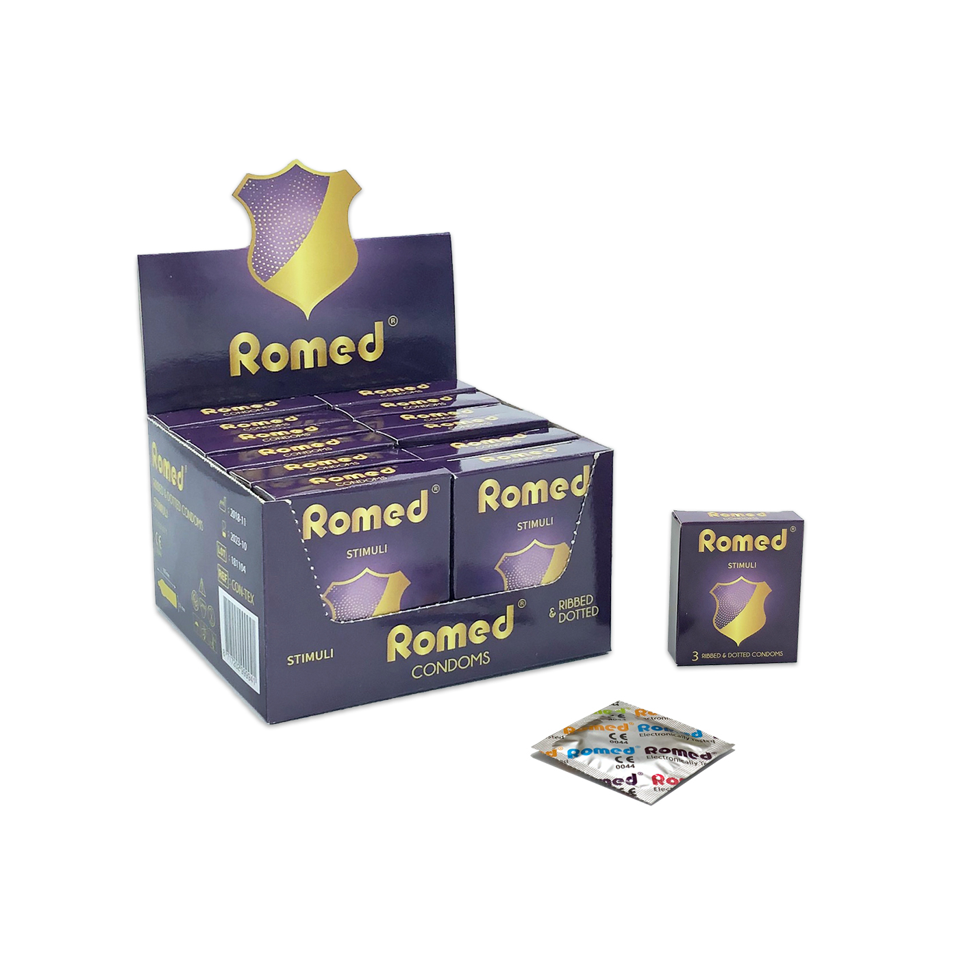CON-TEX Romed condooms geribbeld, verpakt per 3 stuks in een envelopje, in cellofaan, 48 envelopjes van 3 stuks = 144 stuks in binnendoosje (= 1 gros), 30 x 144 stuks = 4.320 stuks in een karton.