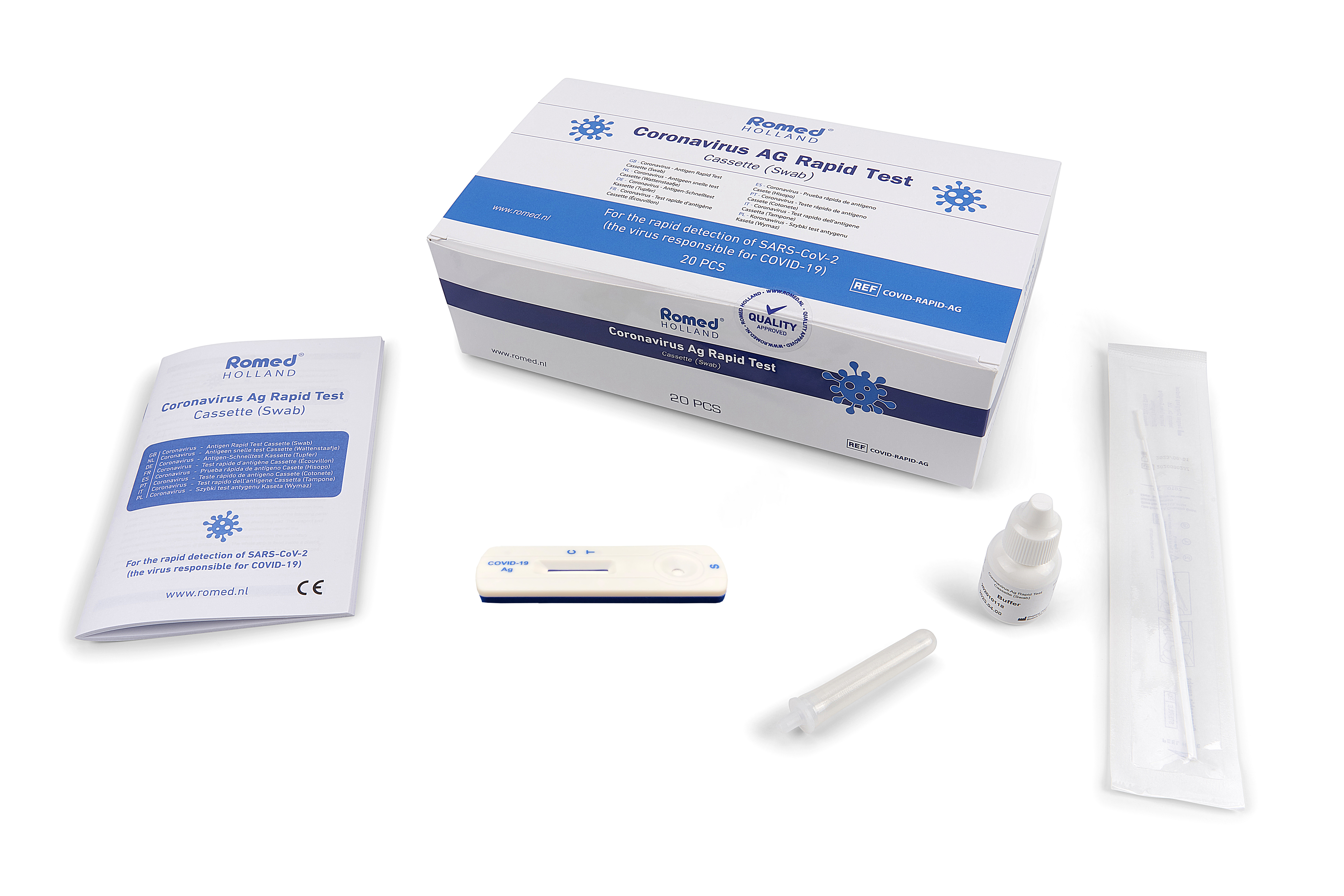 COVID-R20-AG600 Romed COVID-19 antigen rapid test cassette for the detection of an acute SARS-CoV-2   infection. This test shows whether SARS-COV-2 antigens are present in the nasal mucus.

Materials provided:
20 Test Cassettes
2 Extraction Buffer Vials
20 Sterile Swabs
20 Extraction Tubes and Tips
1 Workstation
1 Package Insert

Packed per 20 pcs in an innerbox, 600 pcs per carton.