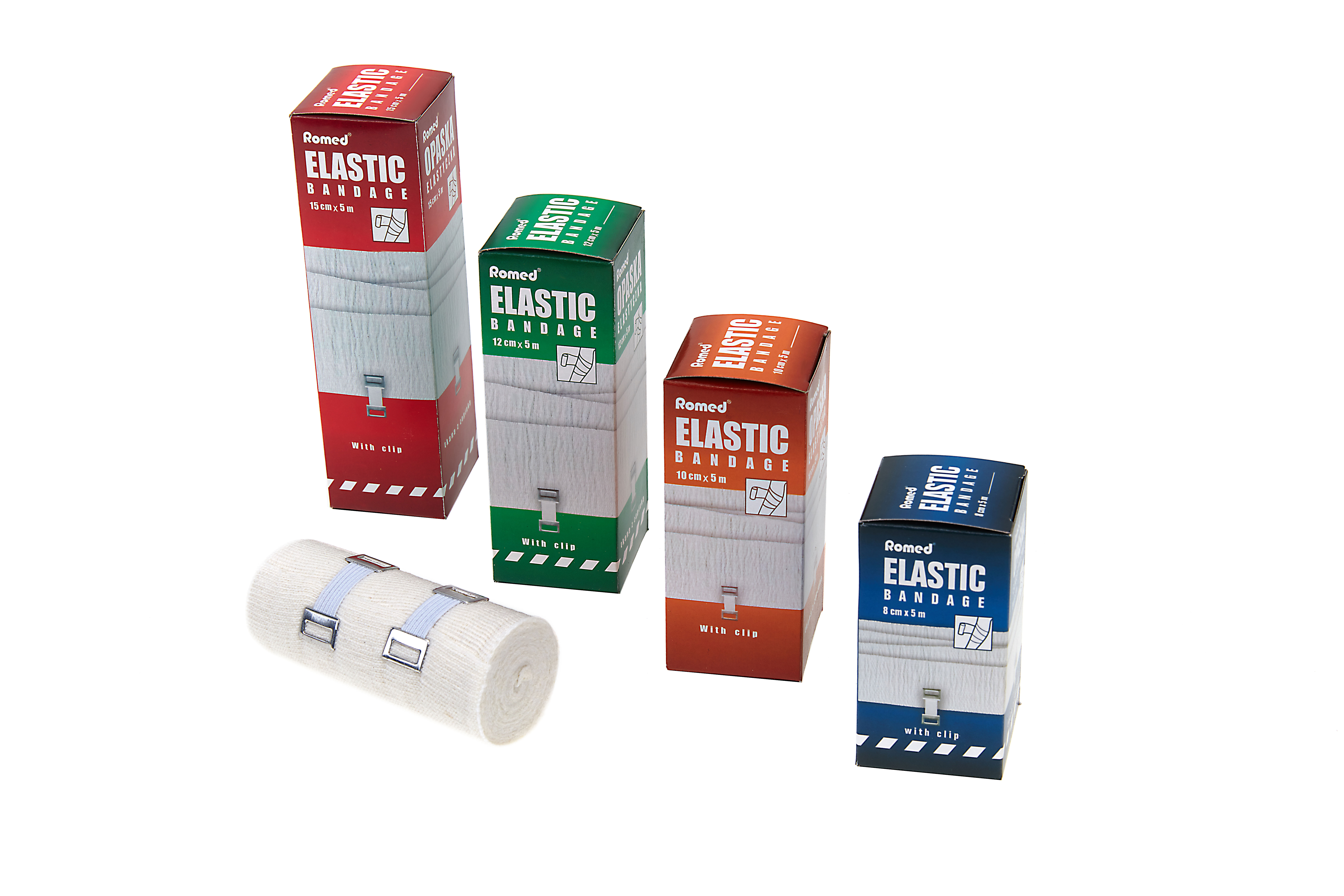 EB15X5 Romed elastic bandages 15cm x 5m, per piece in cellophane and box, per 5 boxes in polybag, 20 x 5 pcs = 100 pcs in a carton.