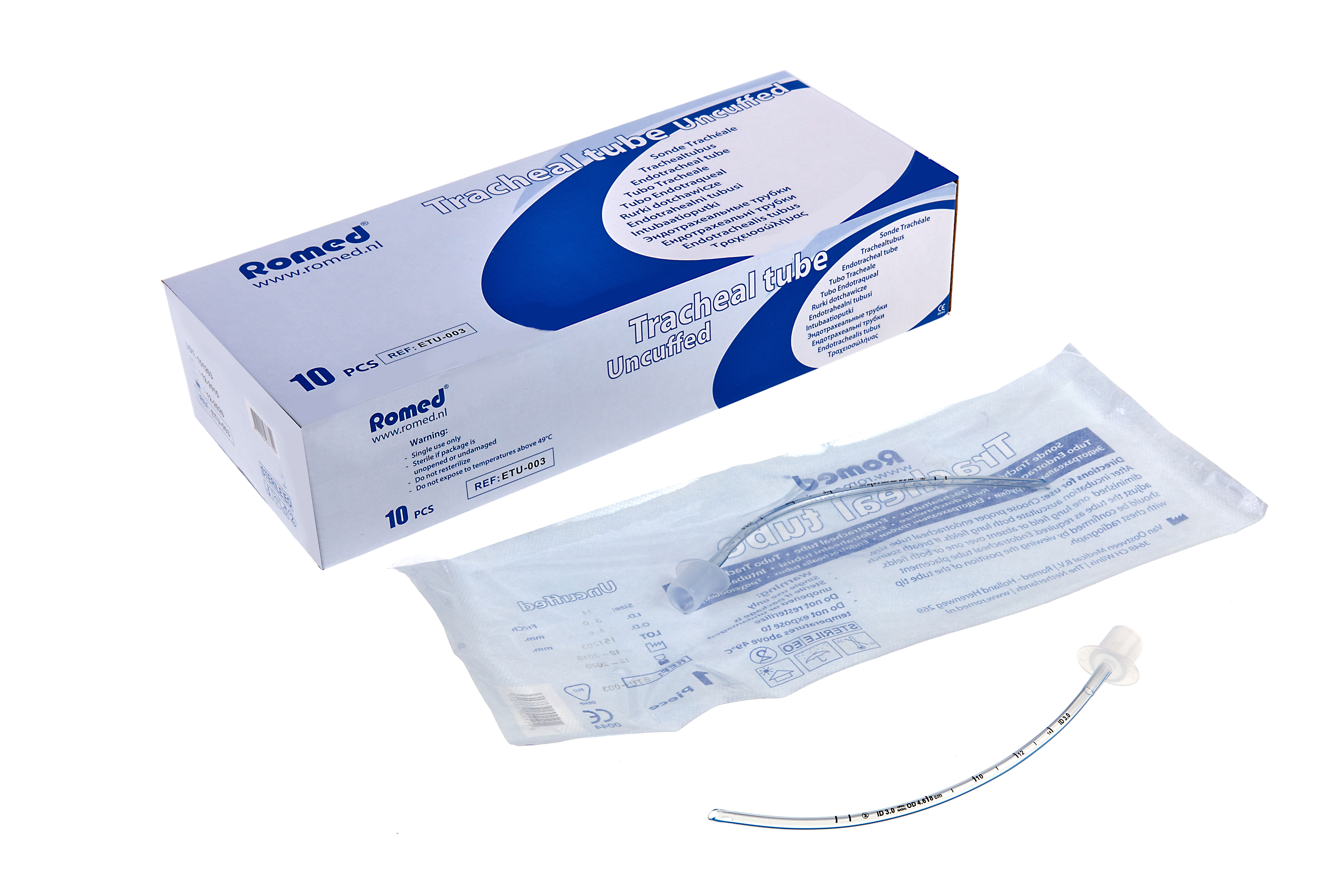 ETU-003 Romed endotracheal tubes, uncuffed, sterile, packed per piece, per 10 pcs in an inner box, 10 x 10 pcs = 100 pcs in a carton.