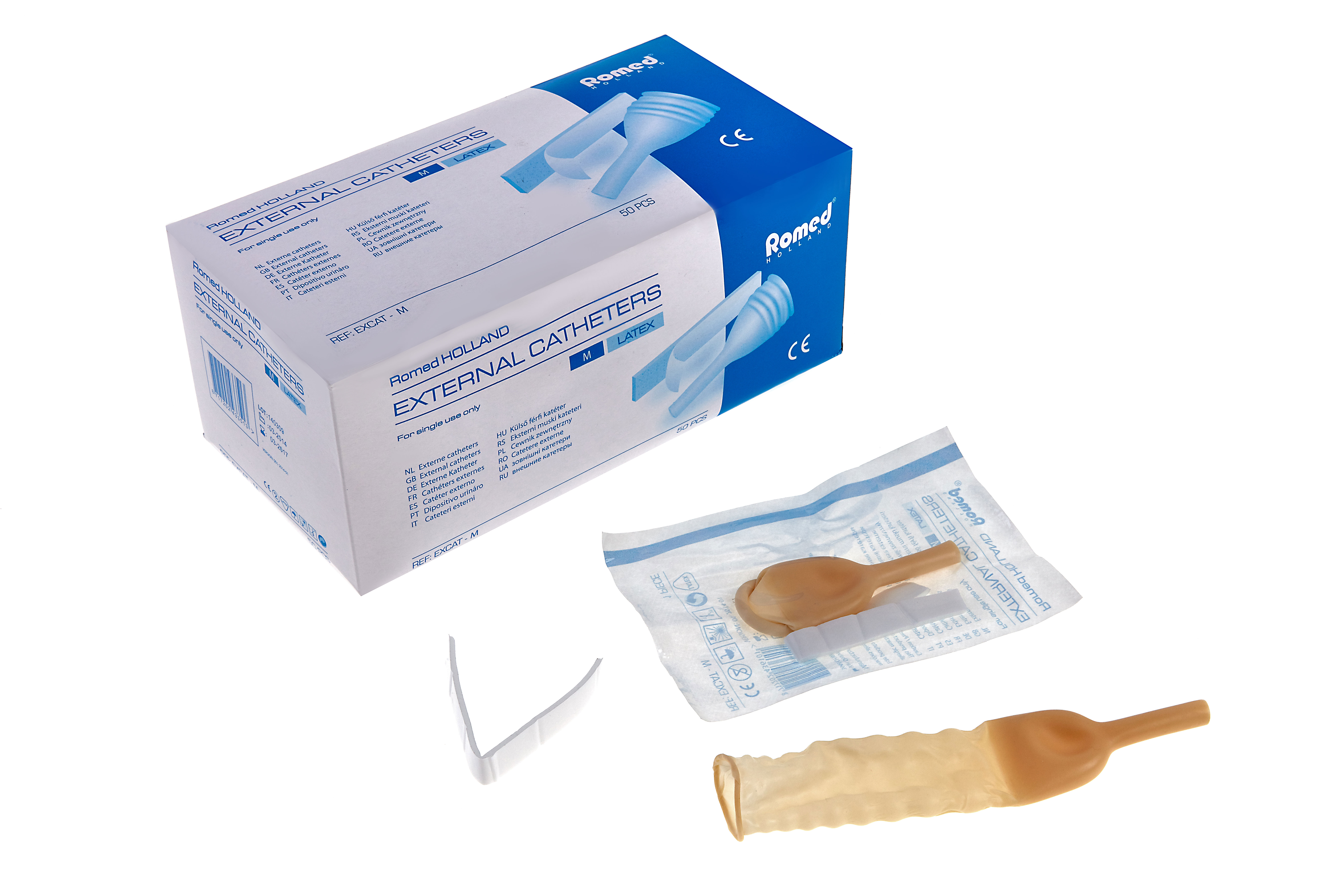 EXCAT-S Romed external catheters latex, with adhesive strip, Peniflow model, per piece in peel pouch, 50 pcs in an inner box, 20 x 50 pcs = 1.000 pcs in a carton.