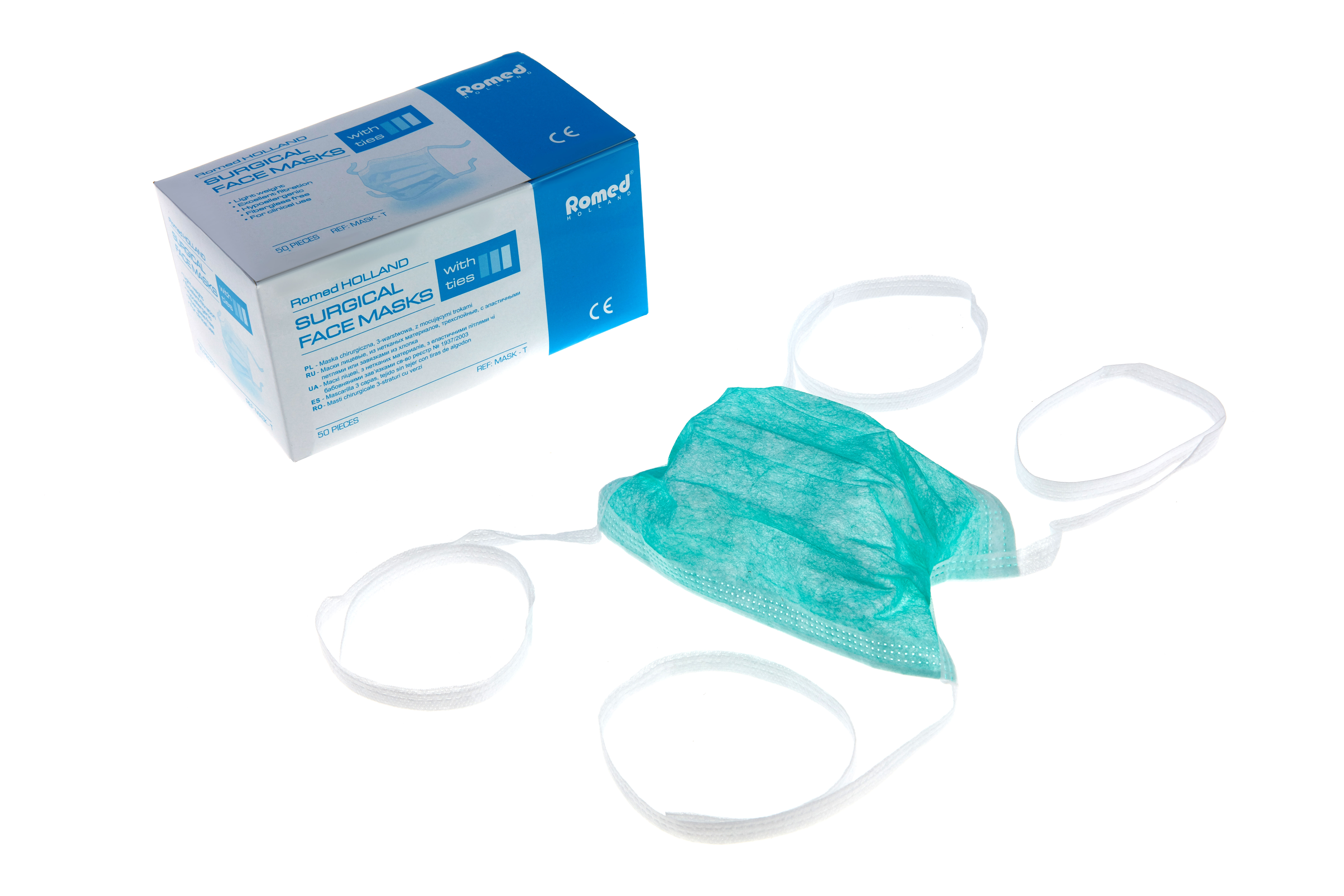 MASK-T Romed surgical face masks type IIR, 3-ply, non-woven, with ties, blue, per 50 pcs in an inner box, 20 x 50 pcs = 1.000 pcs in a carton.