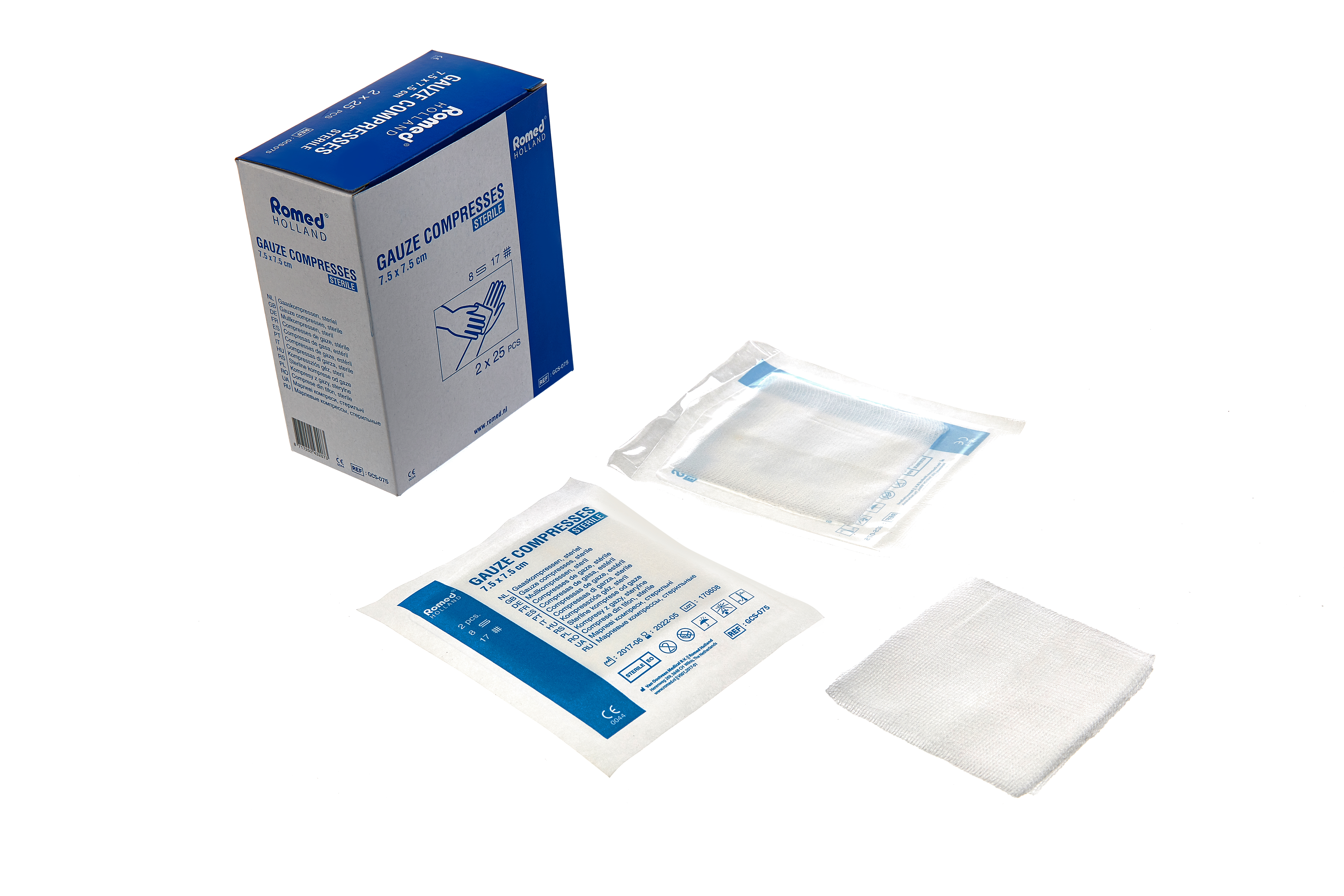 GCS-050 Romed gauze compresses, sterile, 17 threads, 8 ply, per 2 pcs in a pack, 5 x 5cm, 25 packs in an inner box, 100 boxes = 2.500 packs per carton.