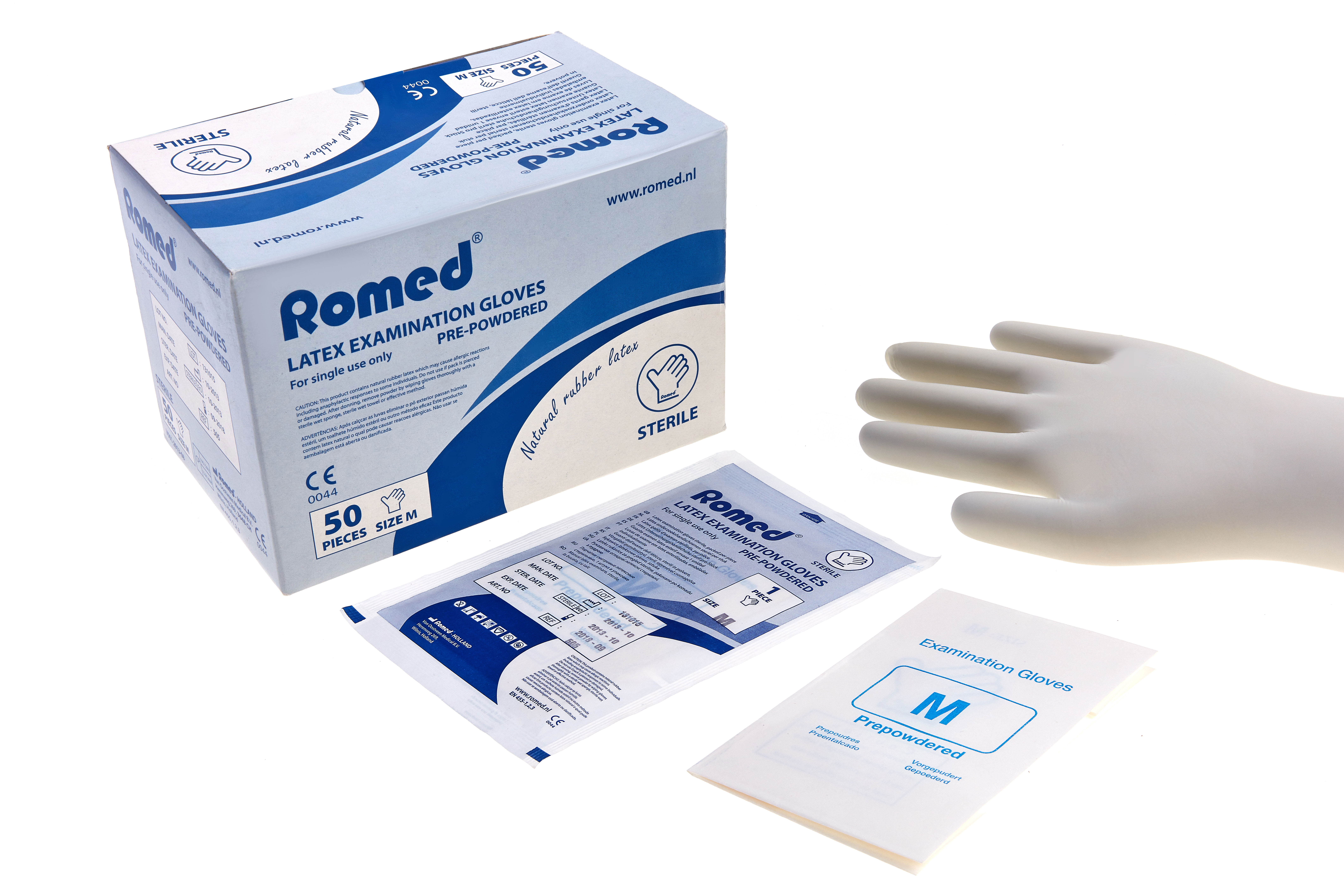 500 Romed latex examination gloves, sterile per piece, small, prepowdered, per 50 pcs in an inner box, 6 x 50 pcs = 300 pcs in a carton