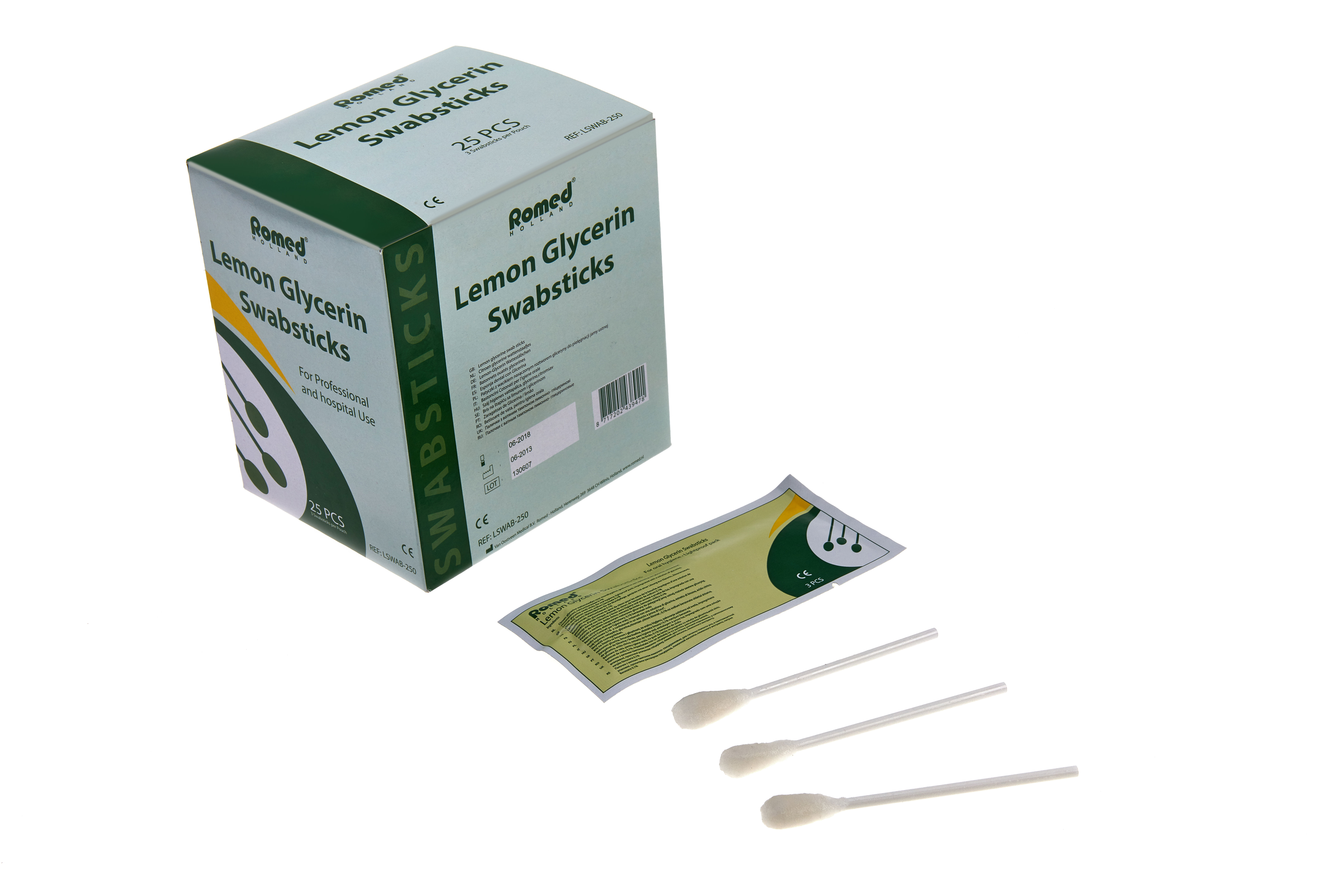 LSWAB-250 Romed lemon glycerine swab sticks, for oral hygiëne, 3 pcs in foil pack, 25 foil packs per inner box, 10 x 25 pcs = 250 pcs (foil packs) in a carton.