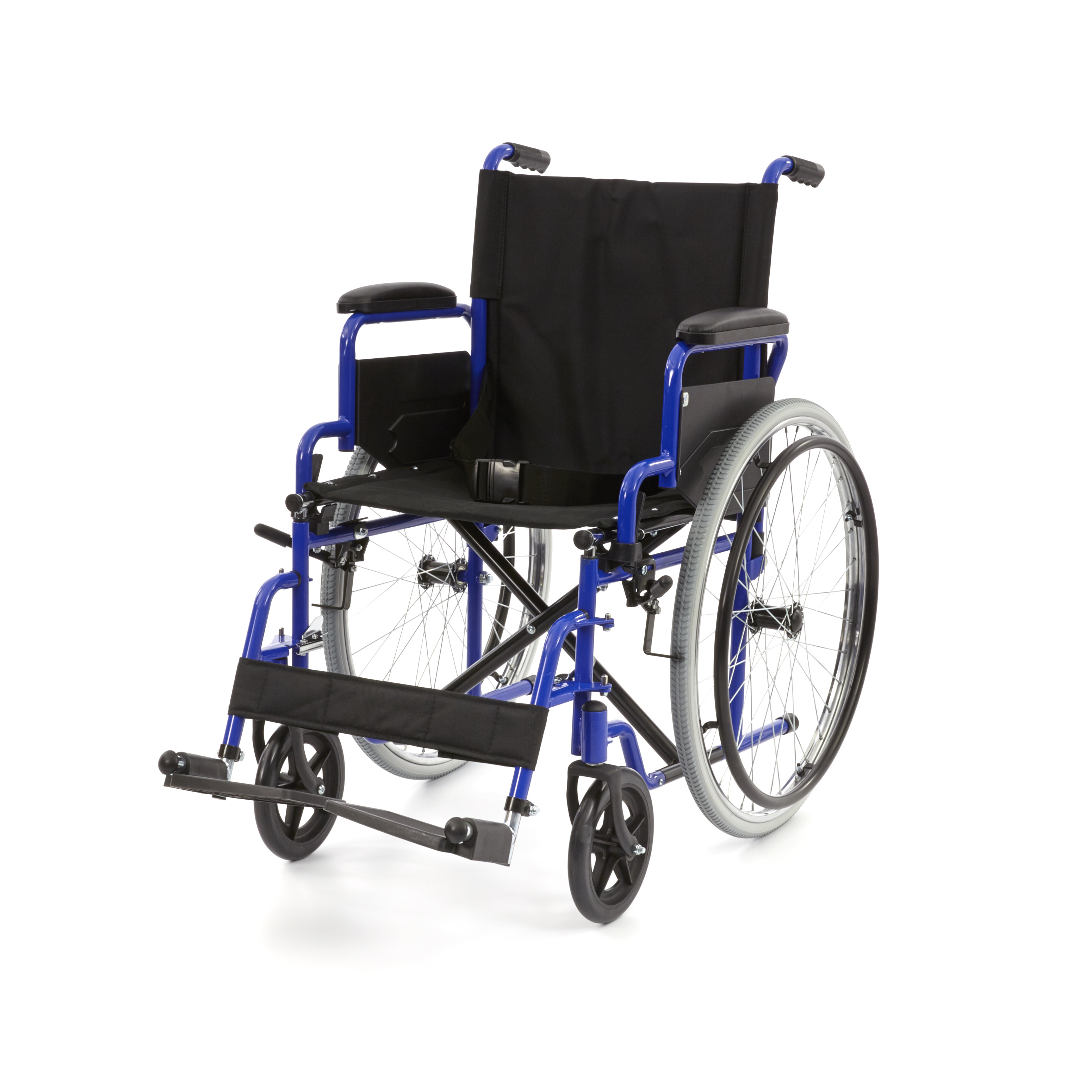 WHE-01-BLUE Romed inklapbare standaard rolstoel met flip-up armsteunen en uitklapbare voetsteunen.