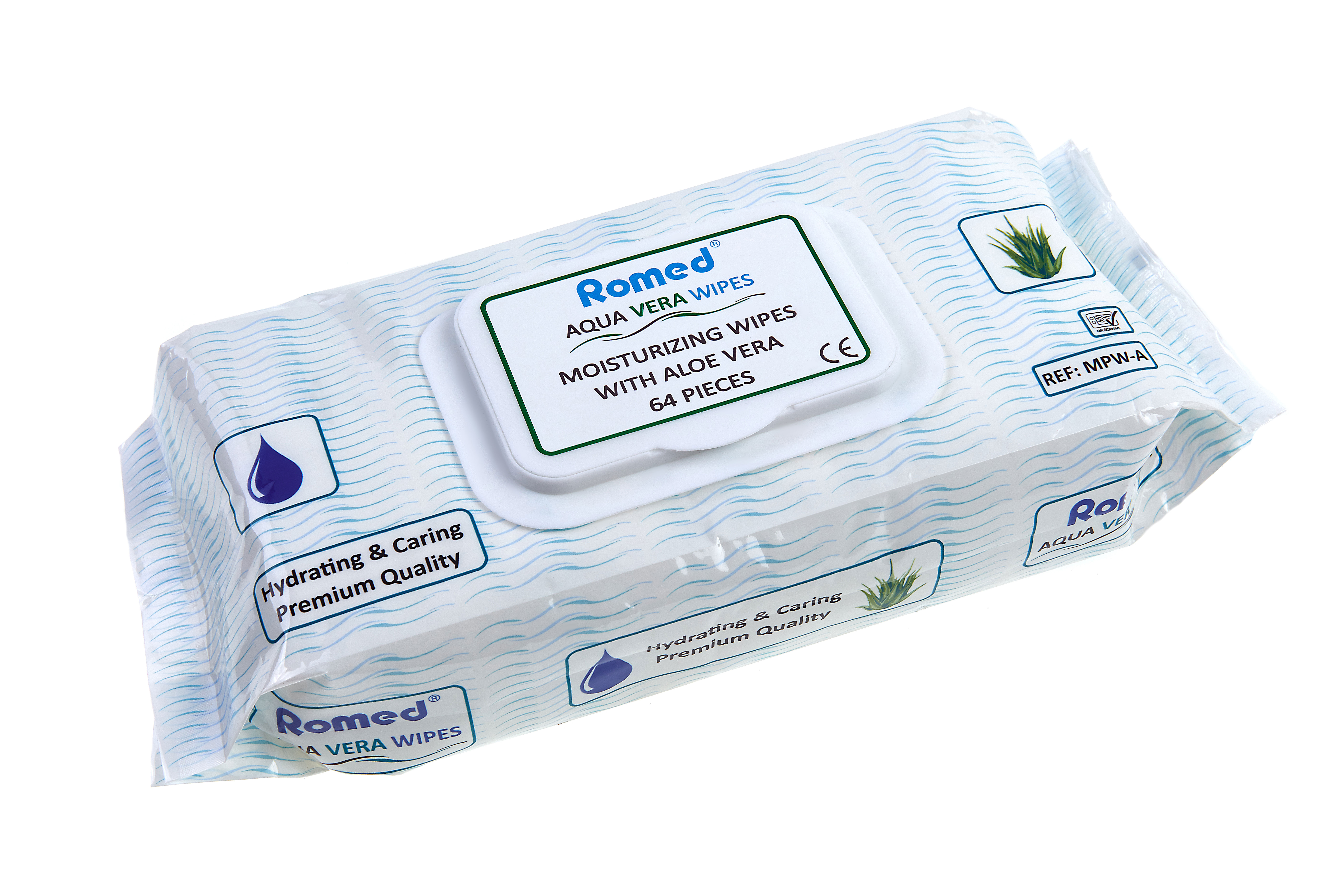 MPW-A Lingettes humides Romed pour patients, à l'aloe vera, 64 unités par sachet distributeur, 12 sachets distributeurs par carton.