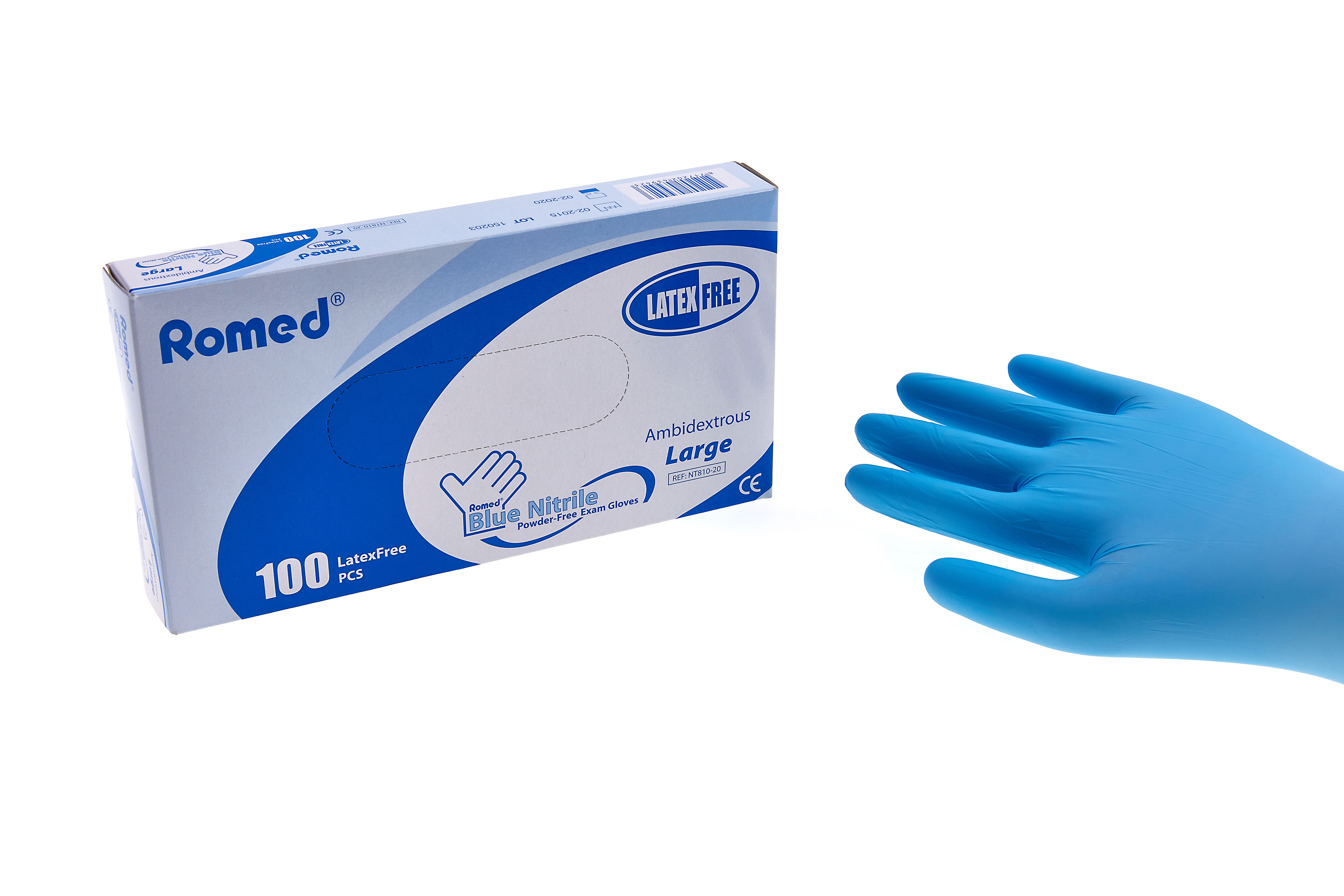 NT800-20 Romed nitrile examination gloves, non sterile, powderfree, blue, small, per 100 pcs in a dispenser box, 20 x 100 pcs = 2.000 pcs in a carton.