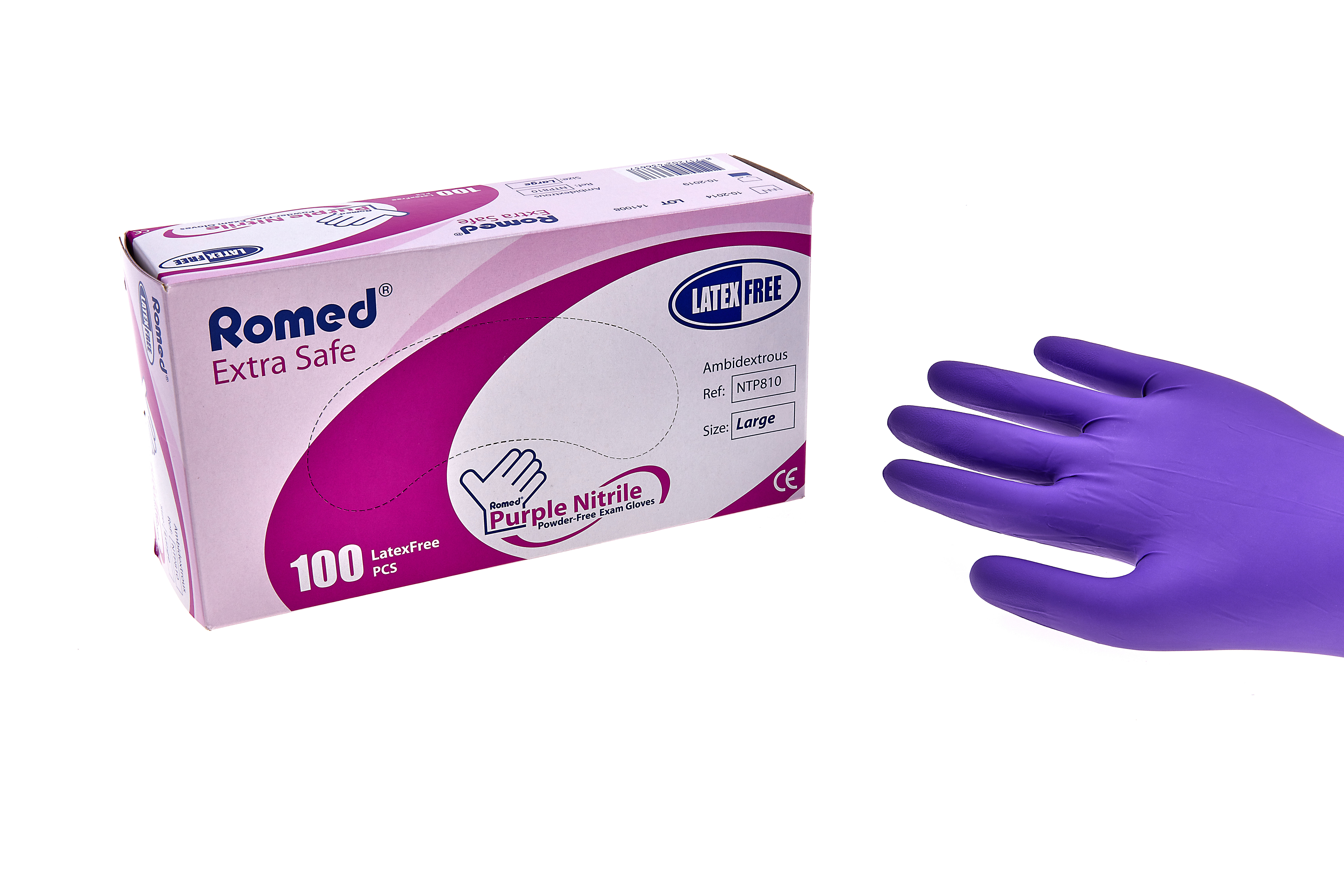 NTP795 Romed nitrile examination gloves, non sterile, powderfree, purple, x-small, per 100 pieces in a dispenser box, 10 x 100 pcs = 1.000 pcs in a carton.