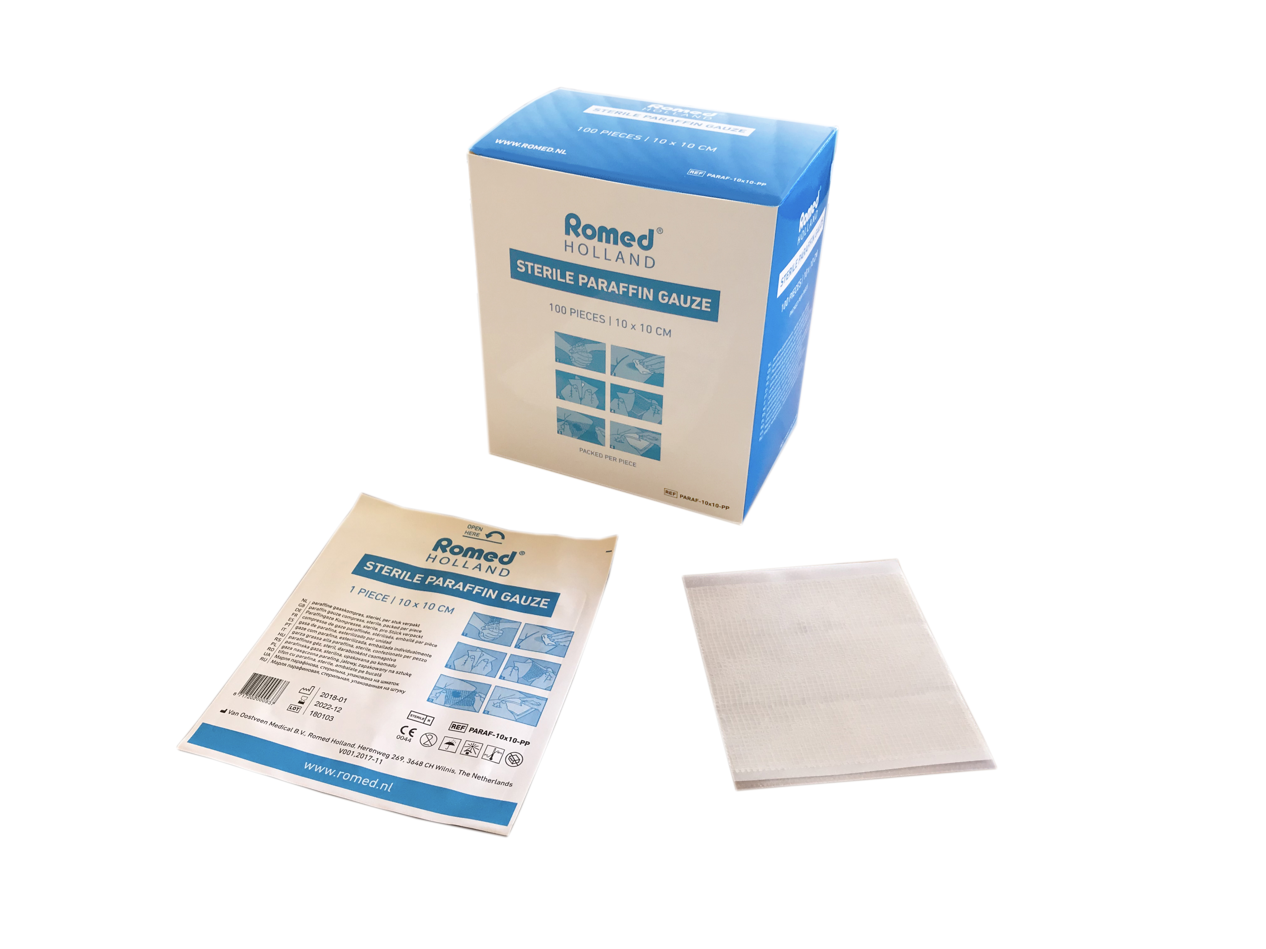 PARAF-10X10-PP Romed paraffin gauze compresses, 10x10cm, sterile, per piece in a foil pack, 100 pcs in an inner box, 600 pcs in a carton.