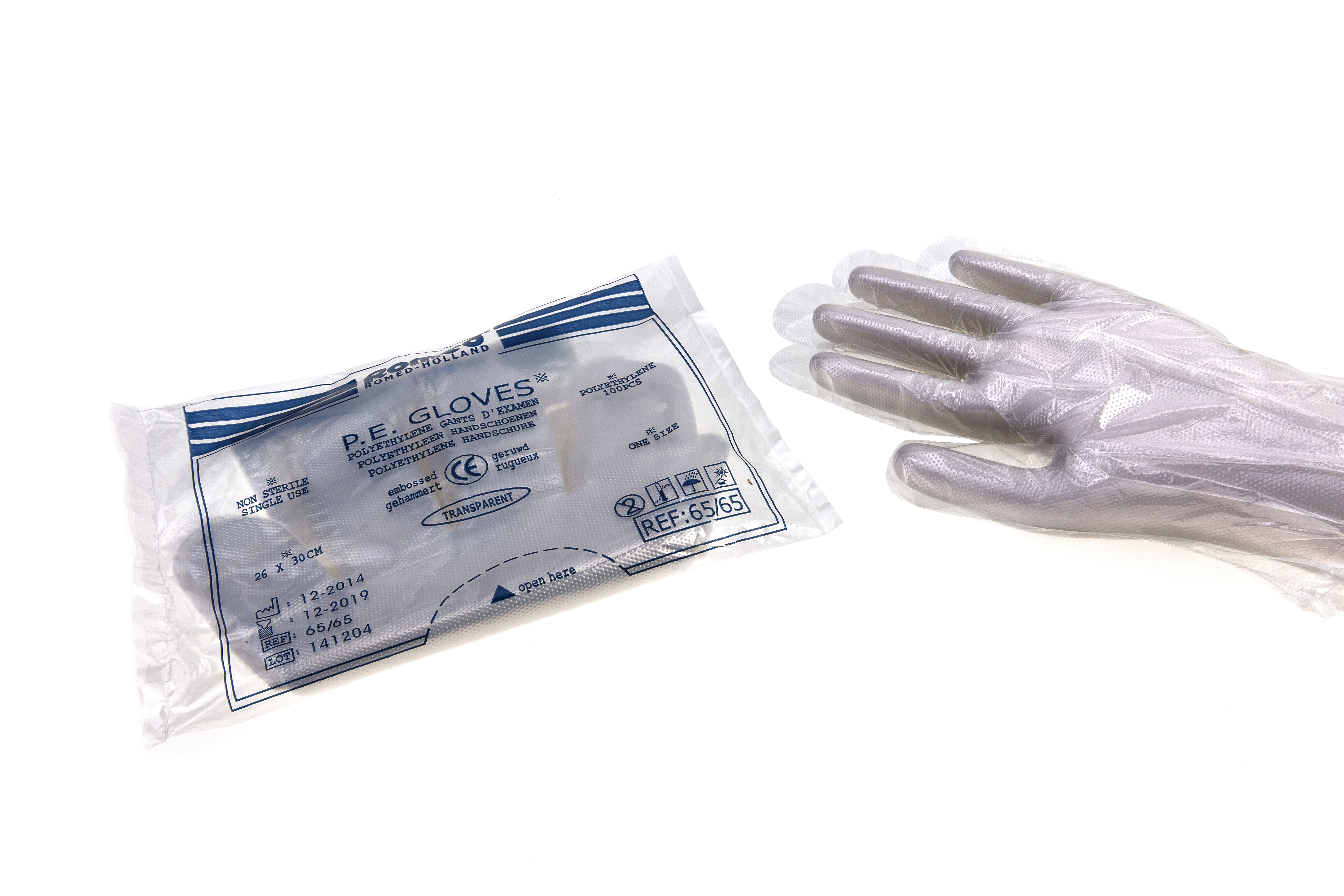 65/65 Romed polyethylene gloves+, non sterile, embossed, extra strong, 100 pcs in a polybag, 100 x 100 pcs = 10.000 pcs in a carton.