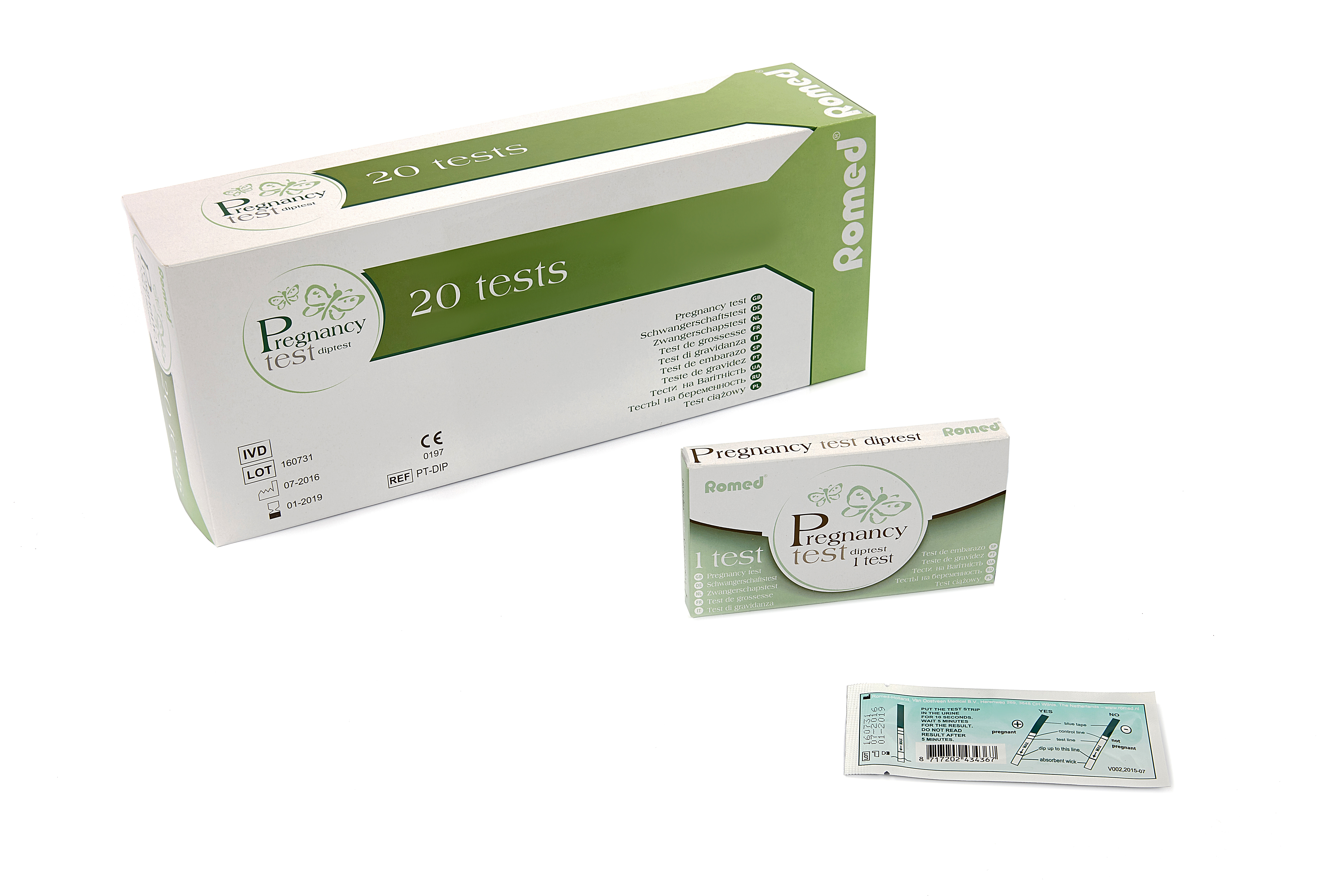 PT-DIP Romed zwangerschapstesten, diptest, verpakt per stuk in een doosje, per 20 stuks geseald in een binnendoosje, 25 x 20 stuks = 500 stuks in een karton.