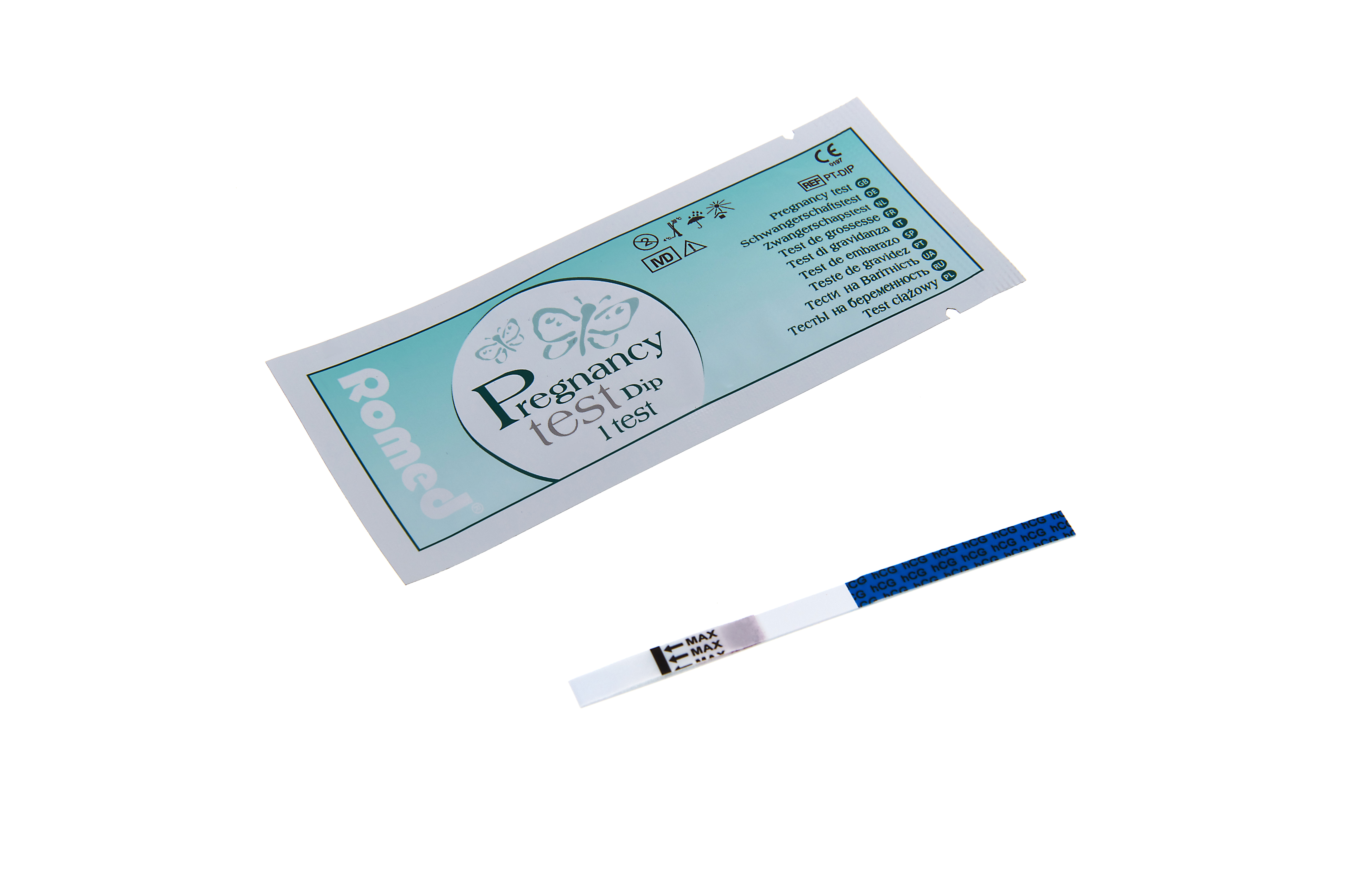 PT-DIP1000 Romed pregnancy tests, dip test, bulk packing, 1.000 pcs in a carton.