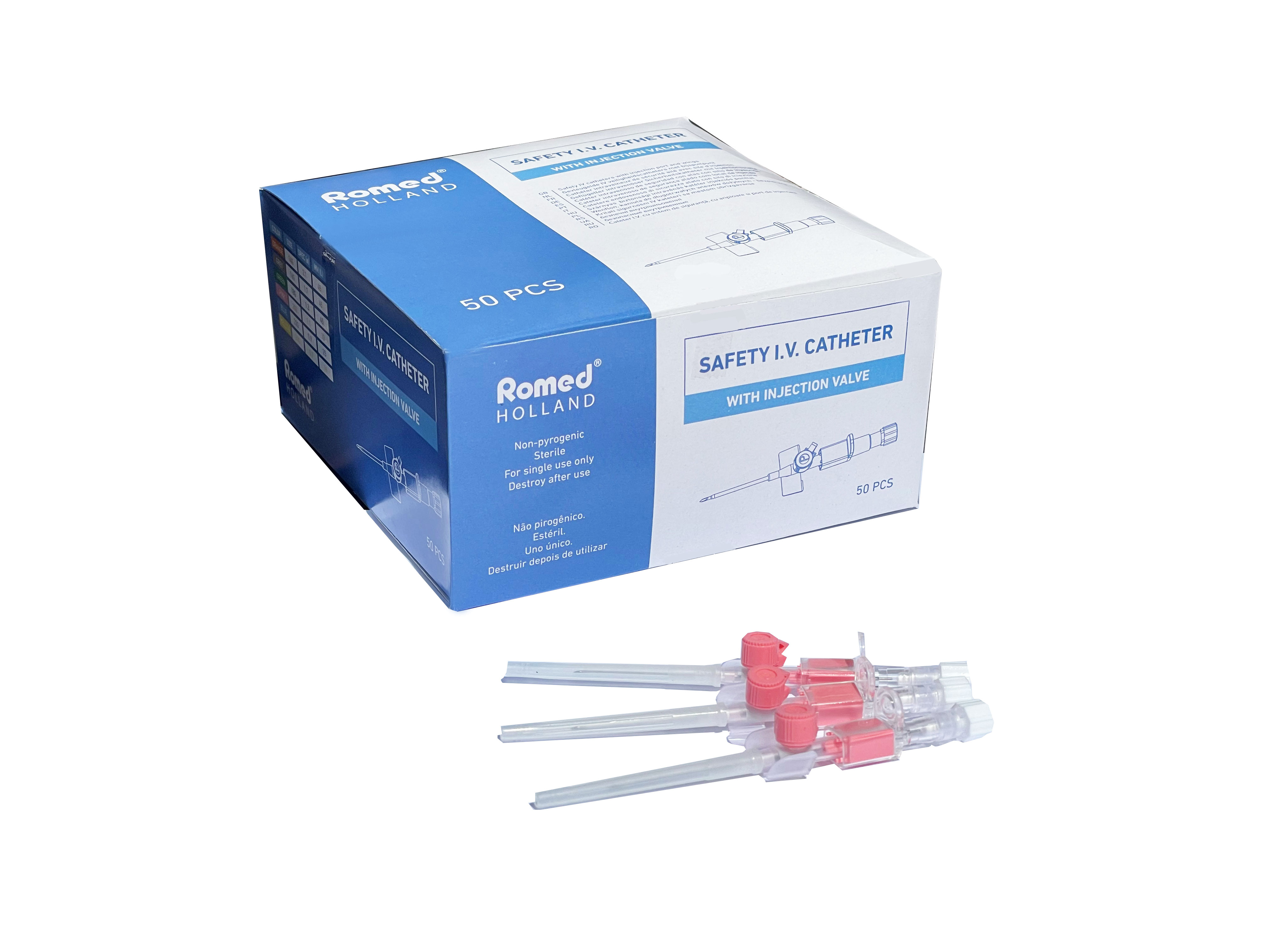 S-IVCATH-24G Romed Safety I.V. catheters with injection valve, 24G, sterile per piece, 50 pcs in an inner box, 10 x 50 pcs = 500 pcs in a carton.