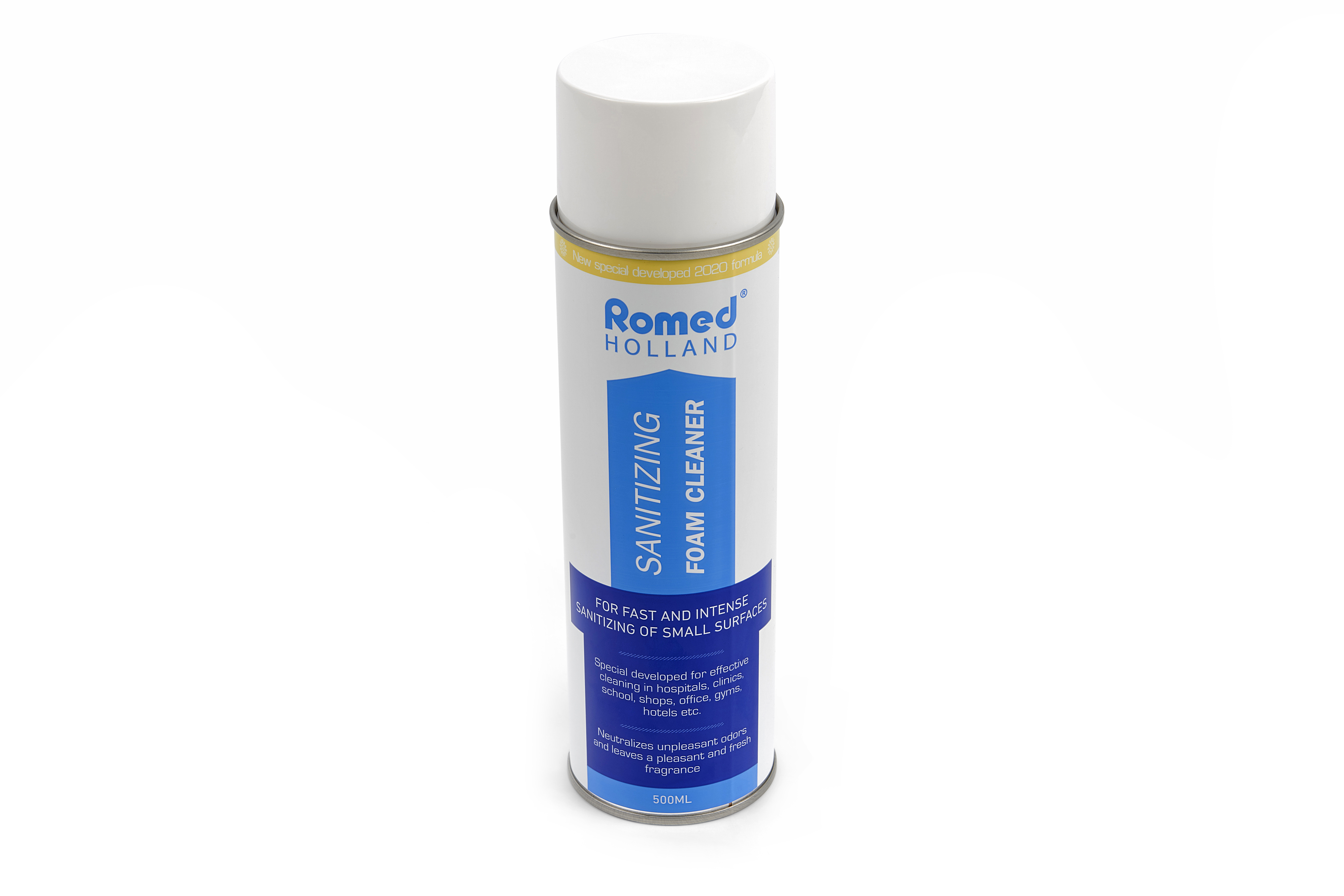 COV19-FOAM Mousse nettoyante Romed pour une désinfection rapide et intense des petites surfaces. 12 aérosols de 500 ml dans un carton.