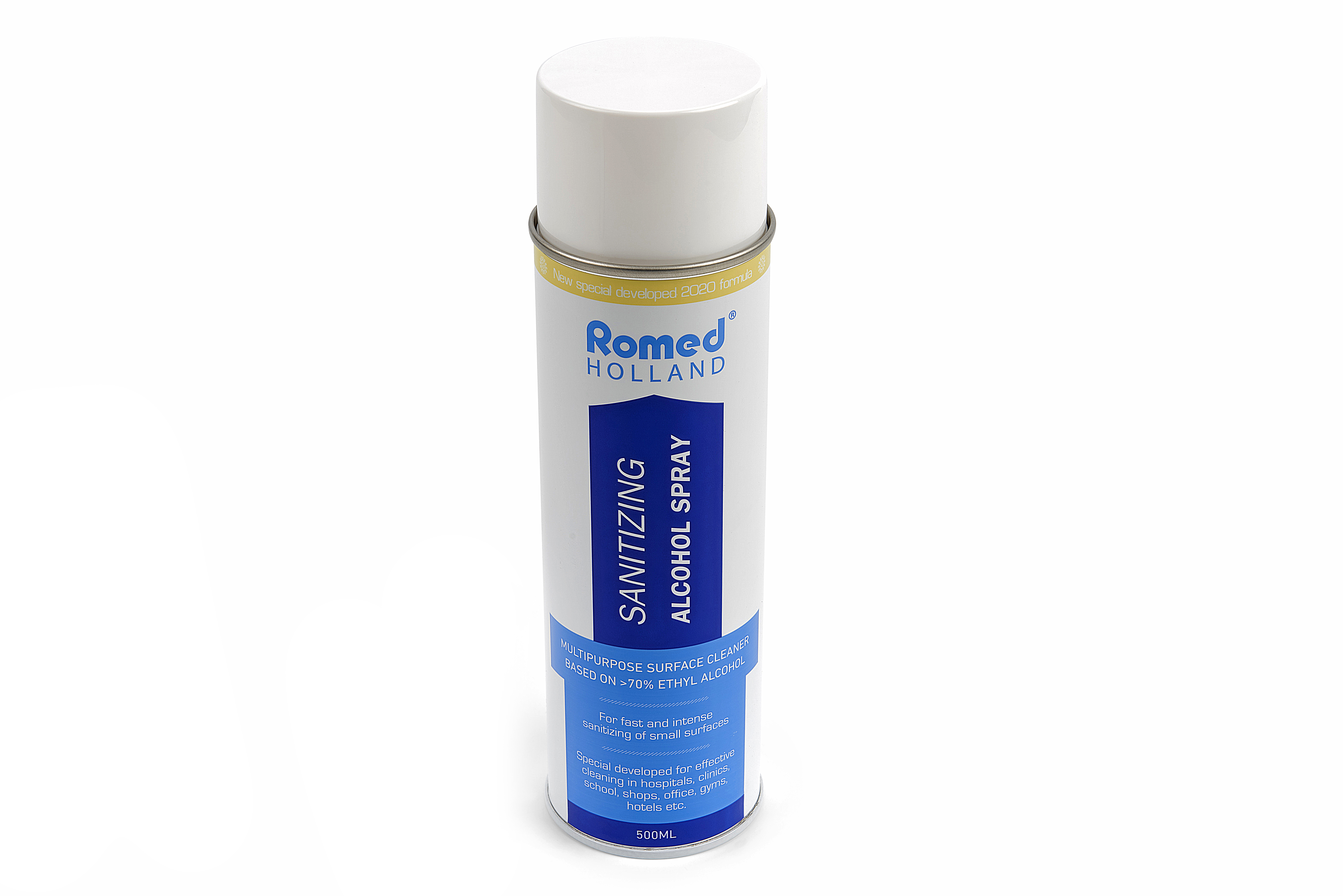 COV19-SPRAY Spray nettoyant Romed pour une nettoyer rapide et intense des petites surfaces. 12 aérosols de 500 ml, dans un carton.