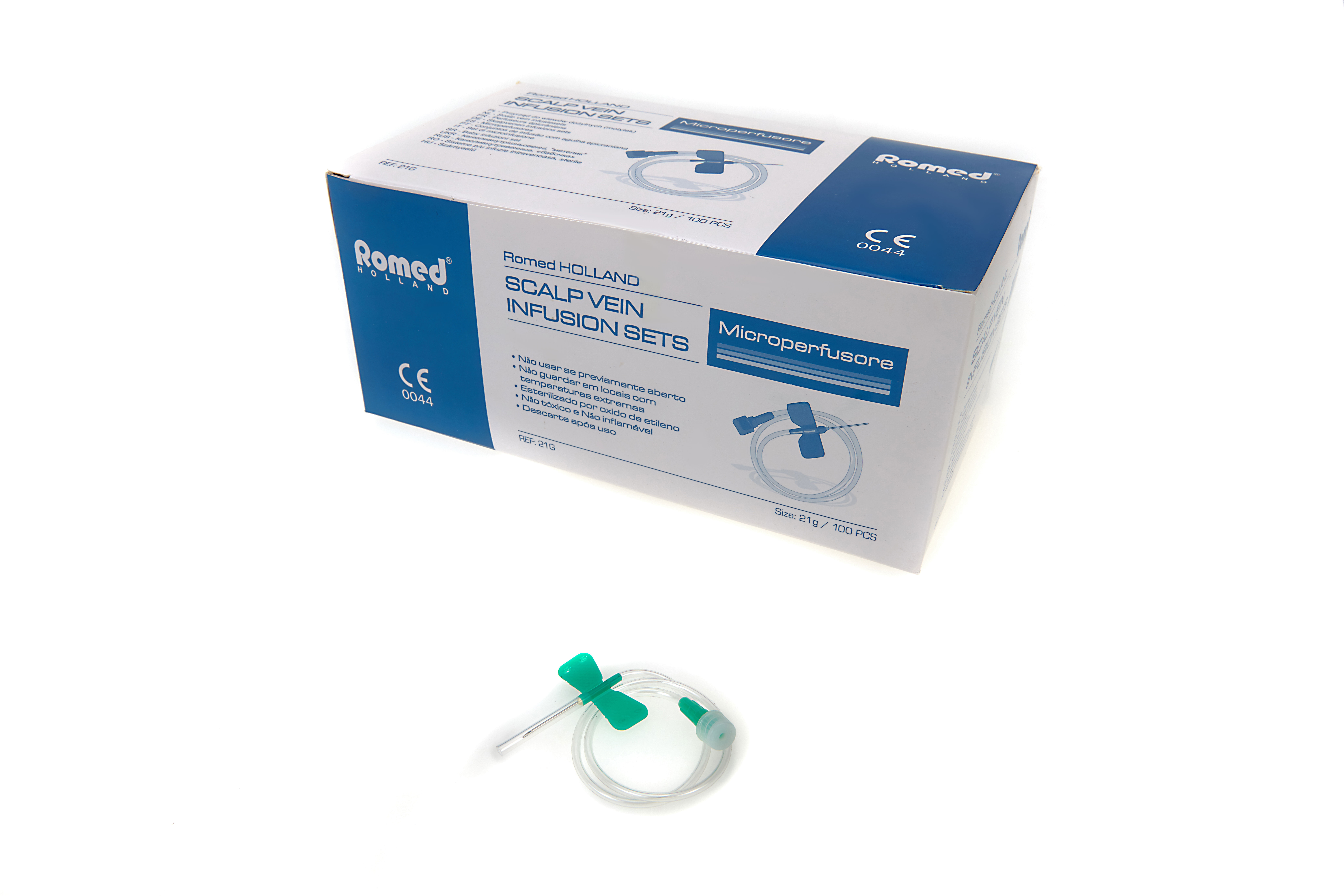 18G Romed scalp vein infusion sets, 18G, sterile per piece in a polybag, 100 pcs in an inner box, 10 x 100 pcs = 1.000 pcs in a carton.