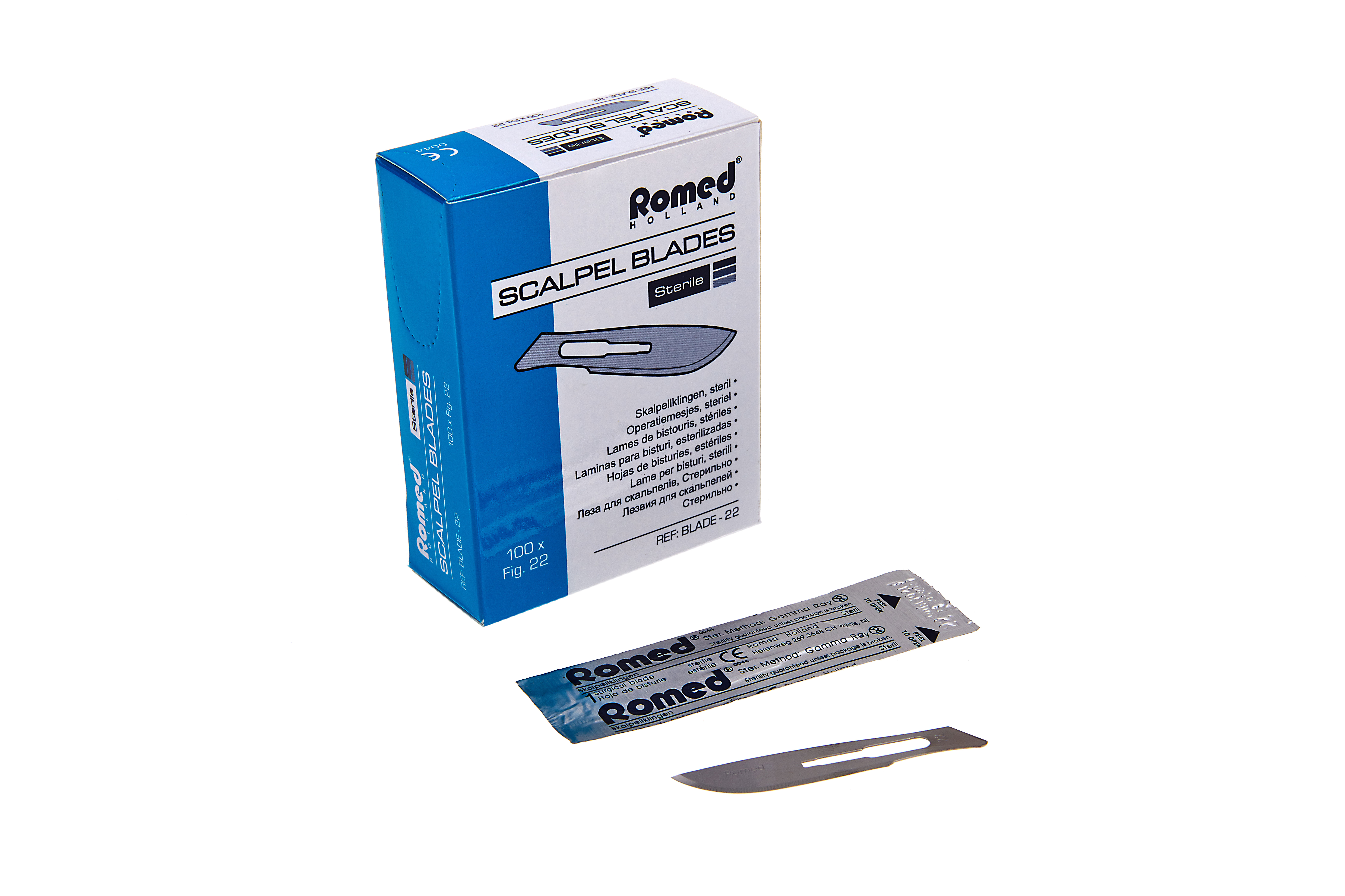 BLADE10 Romed scalpel blades, no. 10, sterile per piece, 100 pcs in an inner box, 50 x 100 pcs = 5.000 pcs in a carton.