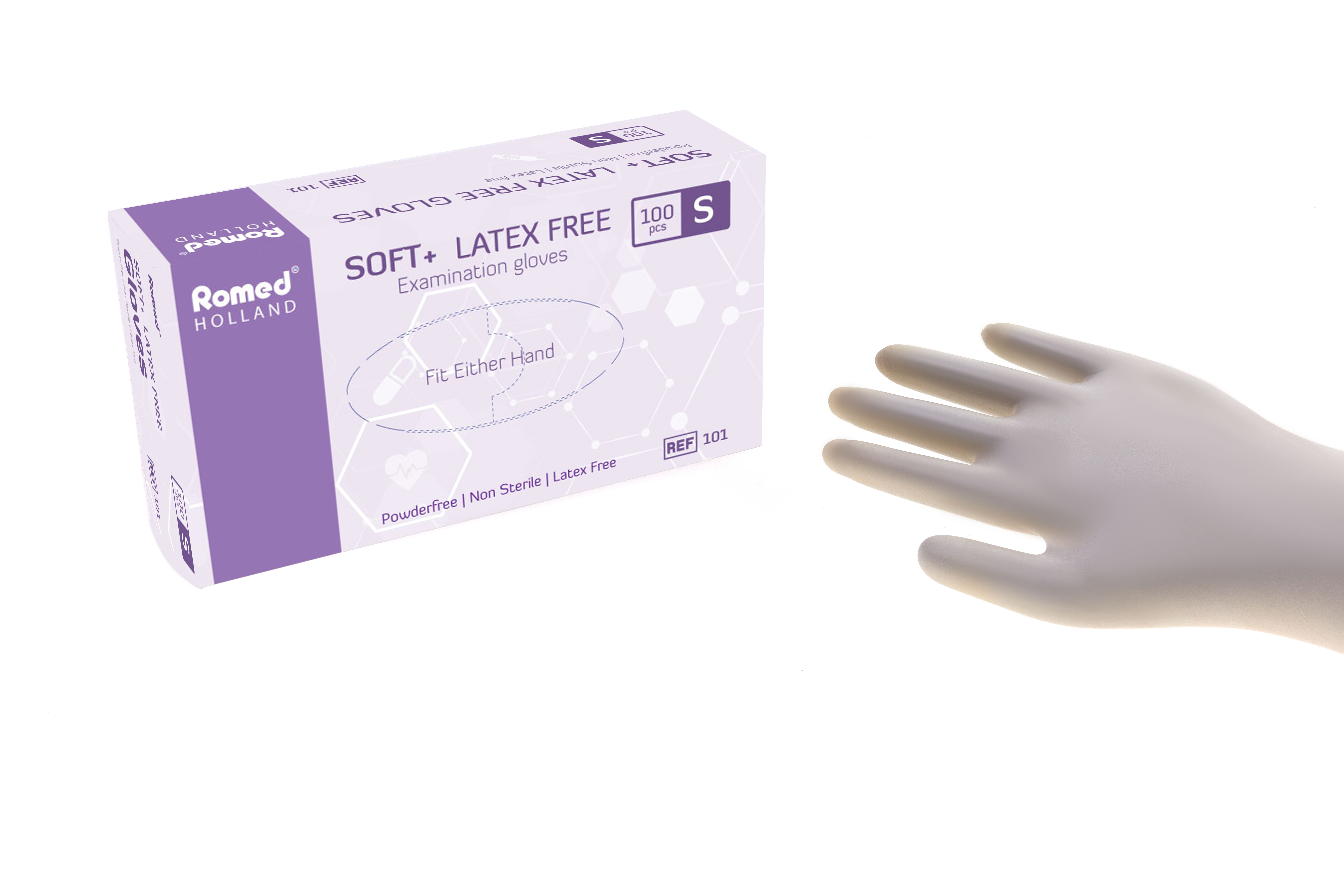 101 Romed Soft+ latex free examination gloves, non sterile, powderfree, small, per 100 pcs in a dispenser box, 10 x 100 pcs = 1.000 pcs in a carton.