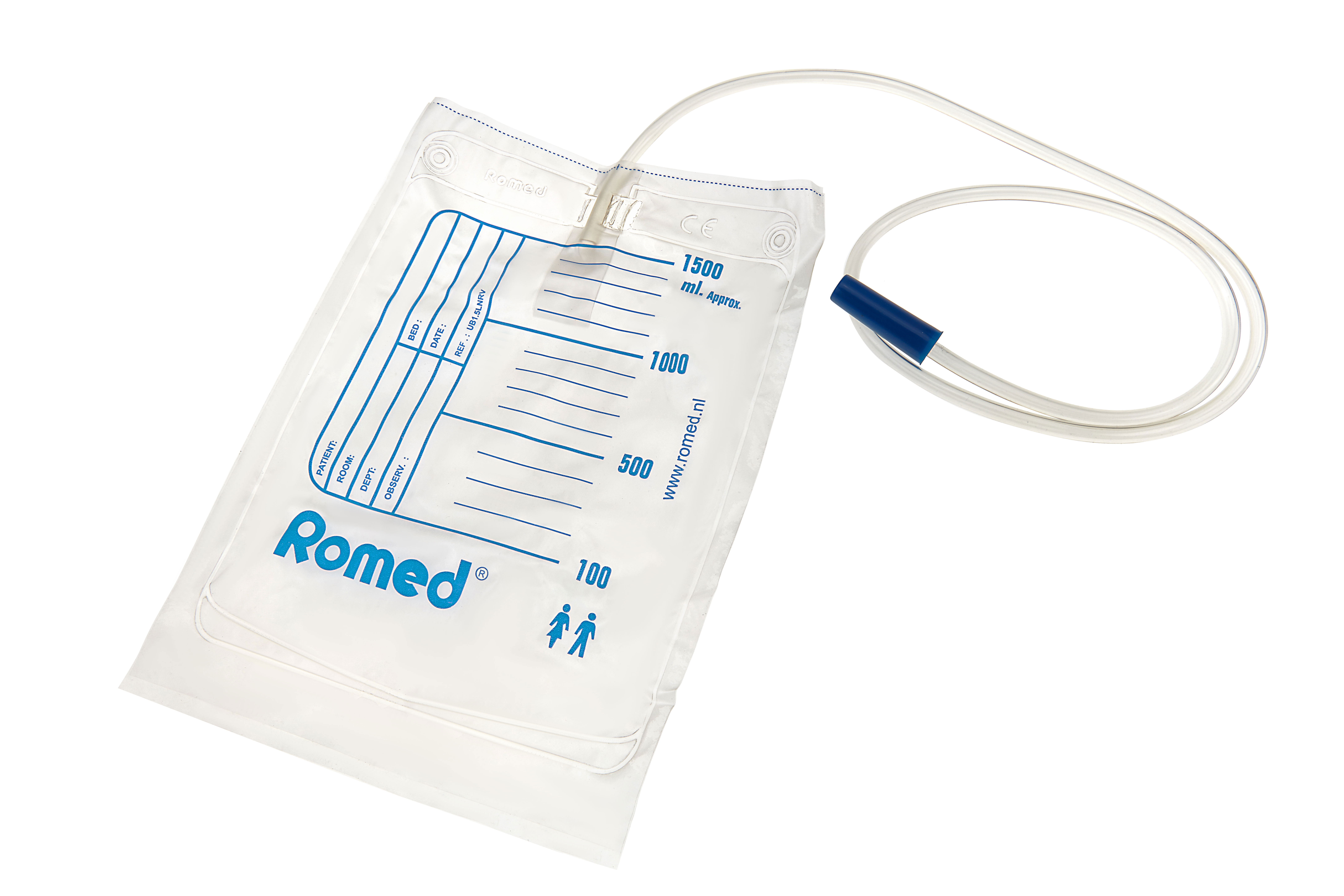 UB1.5LNRV Romed urine bags 1.5 litres ,with non return valve, 90cm tube, non sterile, 250 pcs in a carton.