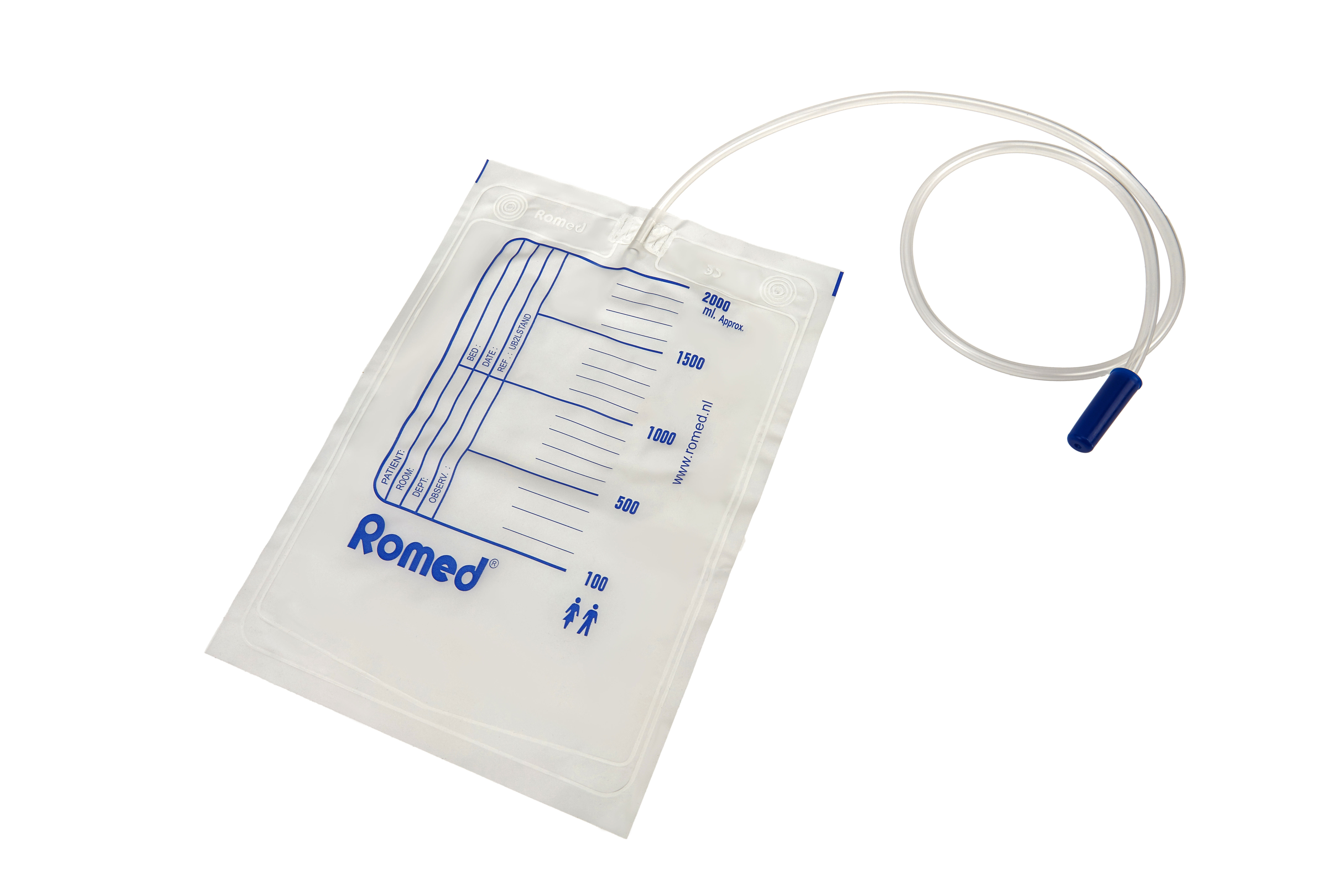 UB2LSTAND Romed urine bags 2 litres, standard (without non return valve and bottom outlet), 90cm tube, non sterile, 250 pieces in a carton.