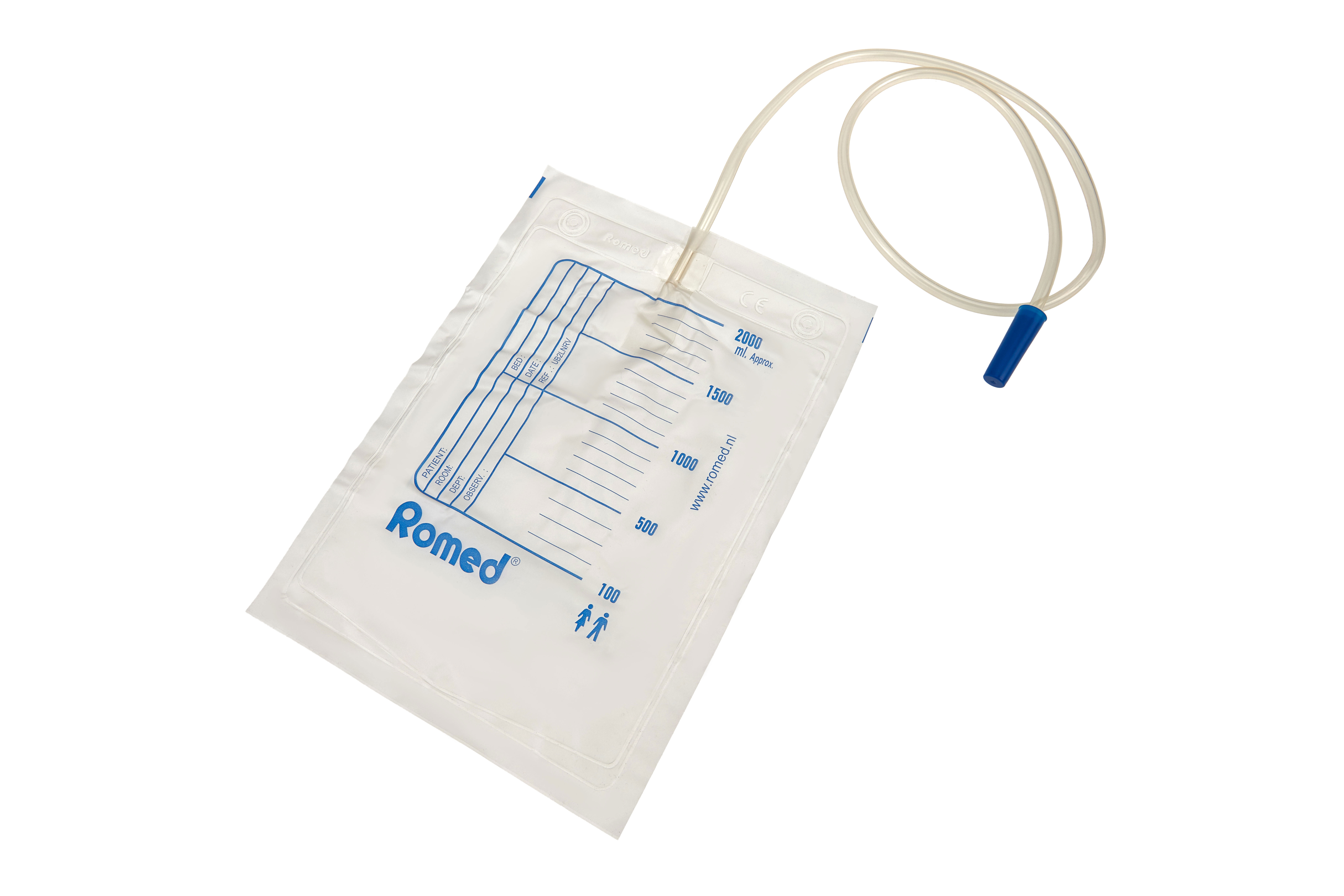 UB2LNRV Romed urine bags 2 litres, with non return valve, 90cm tube, non sterile, 250 pieces in a carton.
