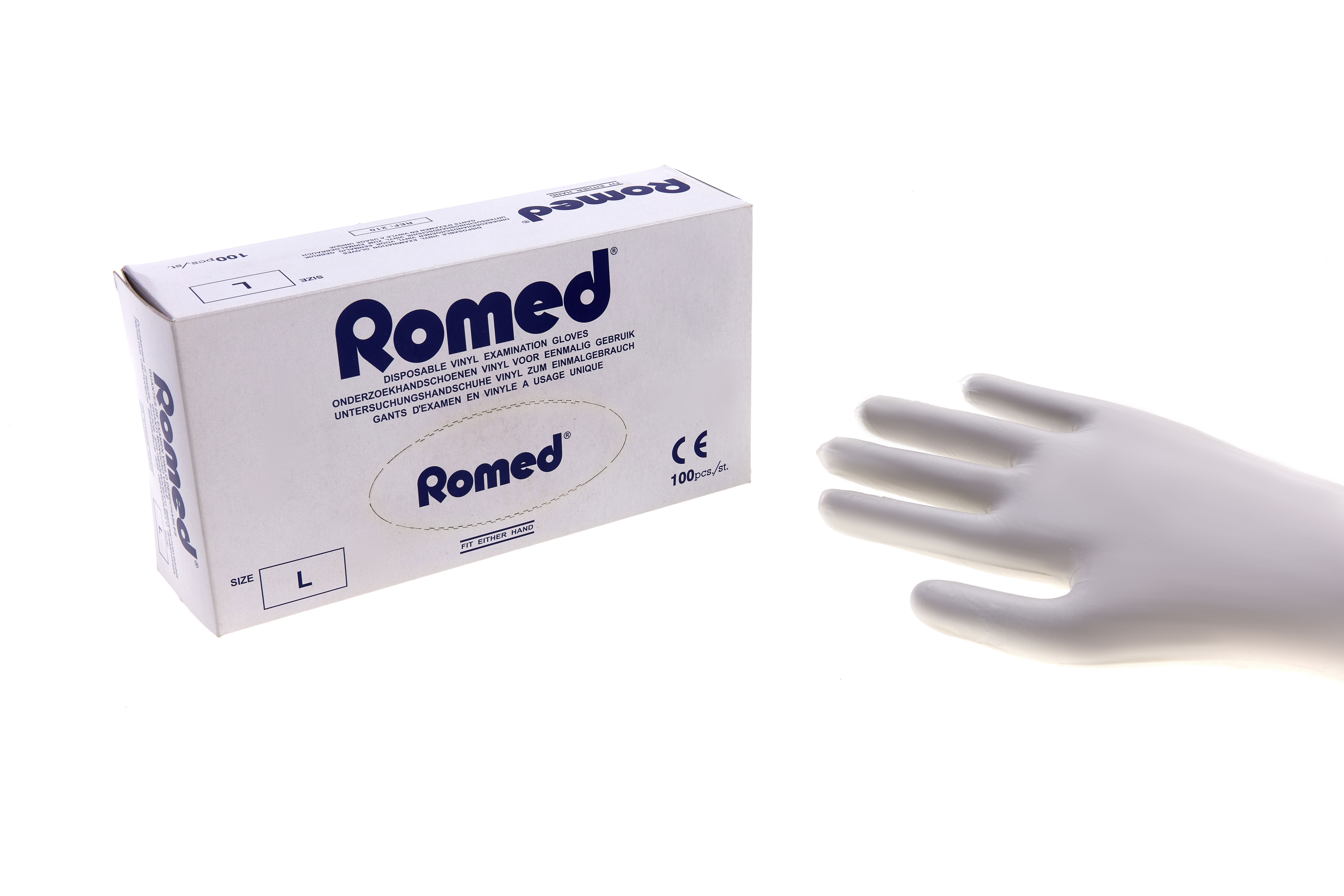 200 Romed vinyl examination gloves, non sterile, prepowdered, small, per 100 pcs in a dispenser box, 10 x 100 pcs = 1.000 pcs in a carton.