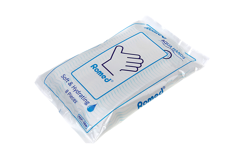 SBW Romed wash gloves, pre-impregnated, 8 pcs in a dispenser bag, 24 dispenser bags in a carton.