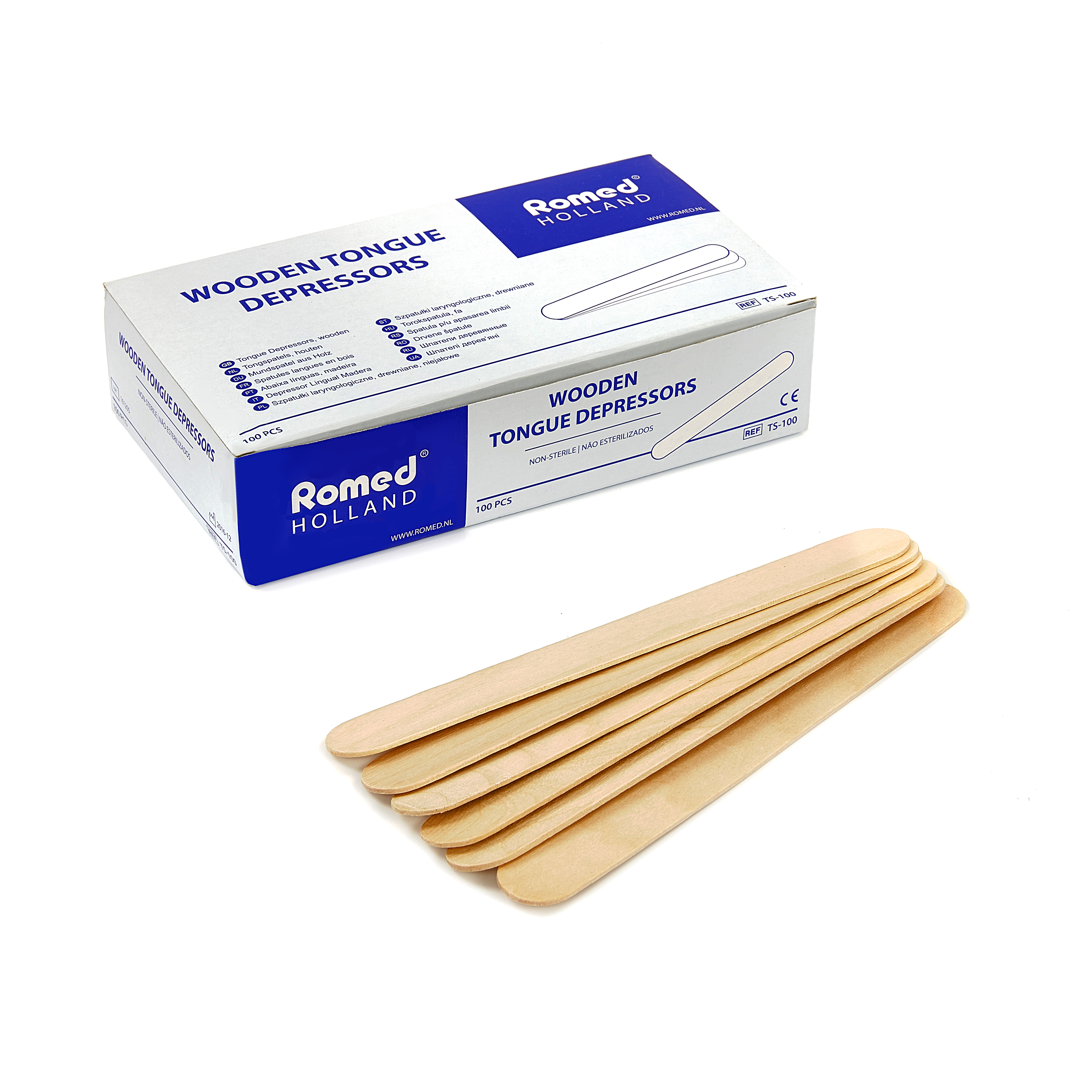 TS-100 Romed wooden tongue depressors, 100 pcs in an inner box, 50 x 100 pcs = 5.000 pcs in a carton.
