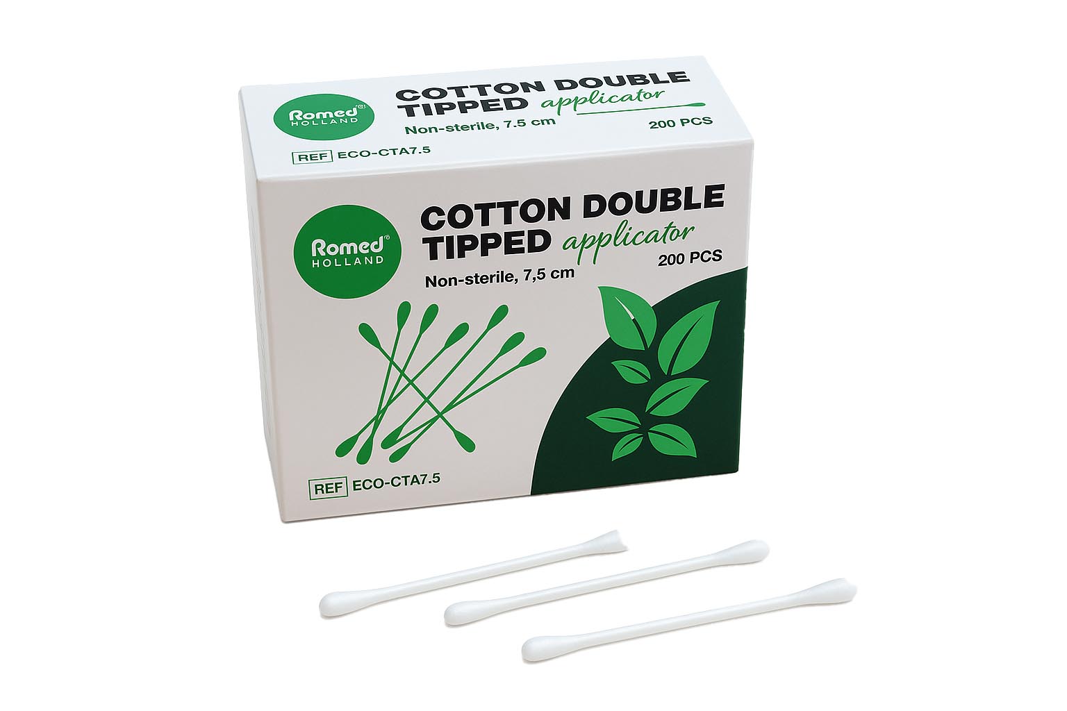 ECO-CTA7.5 Romed wattenstaafjes  met dubbele punt, niet-steriel, 7,5 cm, per 200 stuks in een binnendoosje, 50x200 stuks = 10.000 stuks in en karton