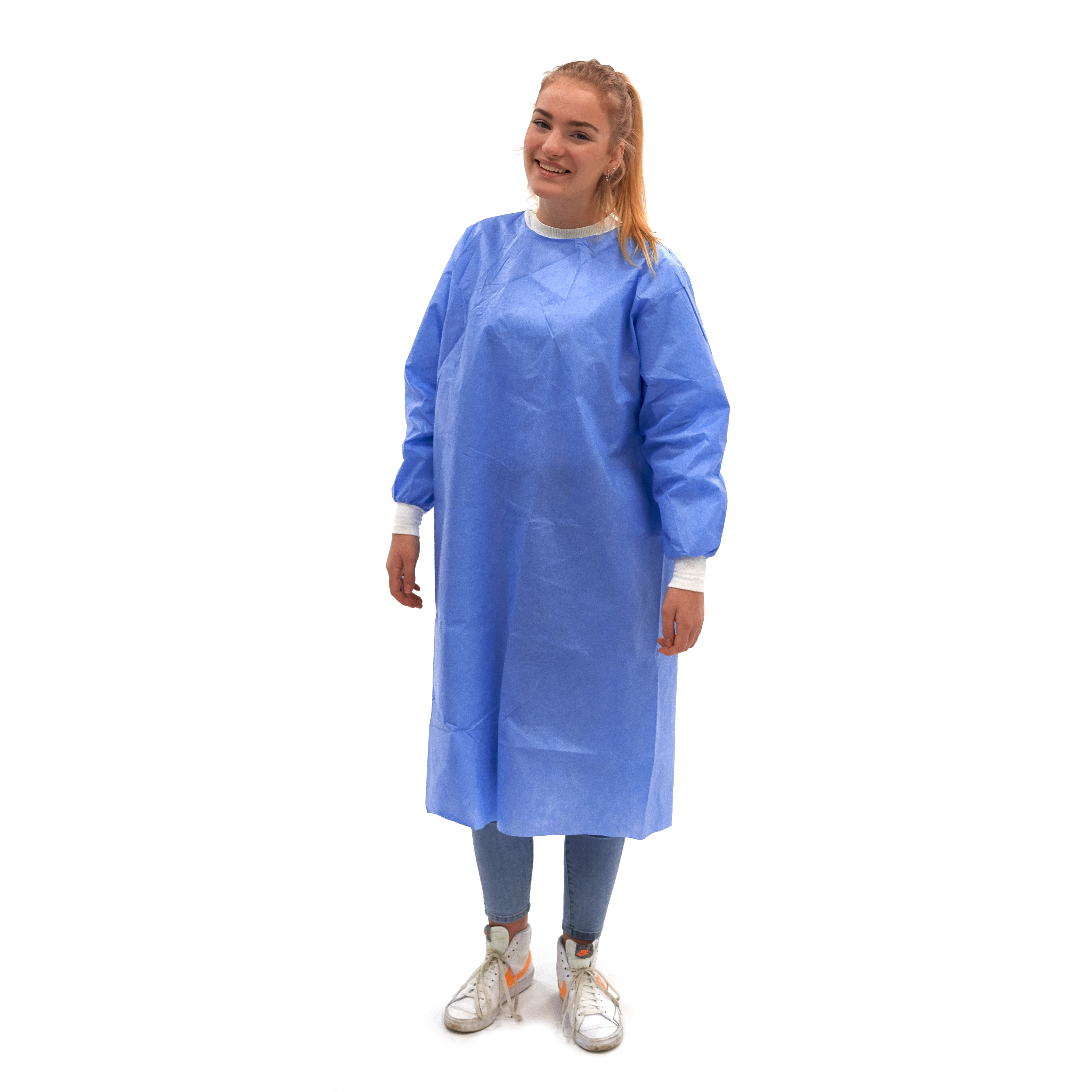 ISO-GOWN-DISP-L Camici di isolamento chirurgici in spunbond Romed, confezionati per pezzo, 80 pezzi per collo per esportazione.