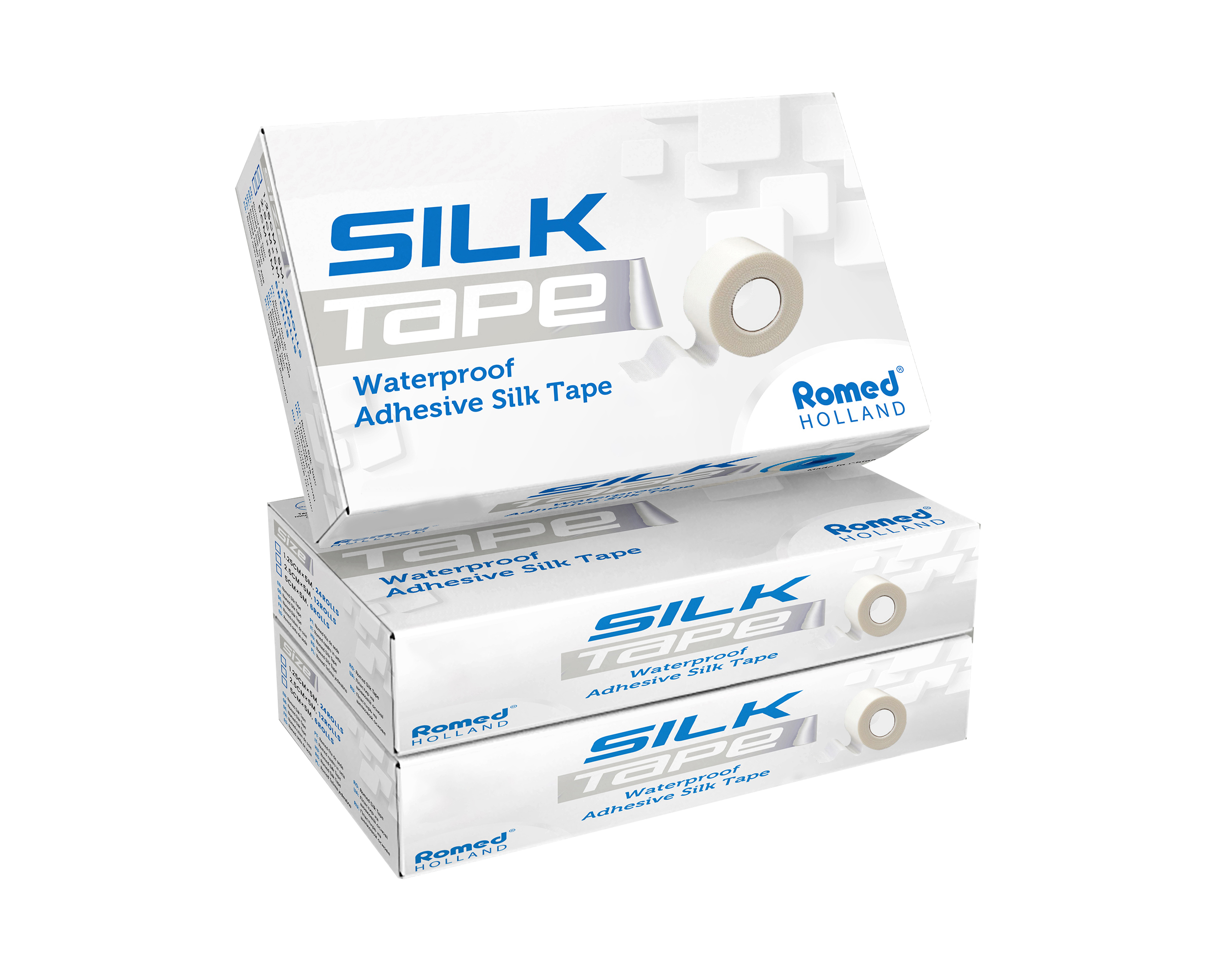 ST-5 Romed Adhesive Silk Tape, 5cm x 5m, soft easy-tear, waterproof, 6 rolls in an innerbox, 180 rolls per carton.
