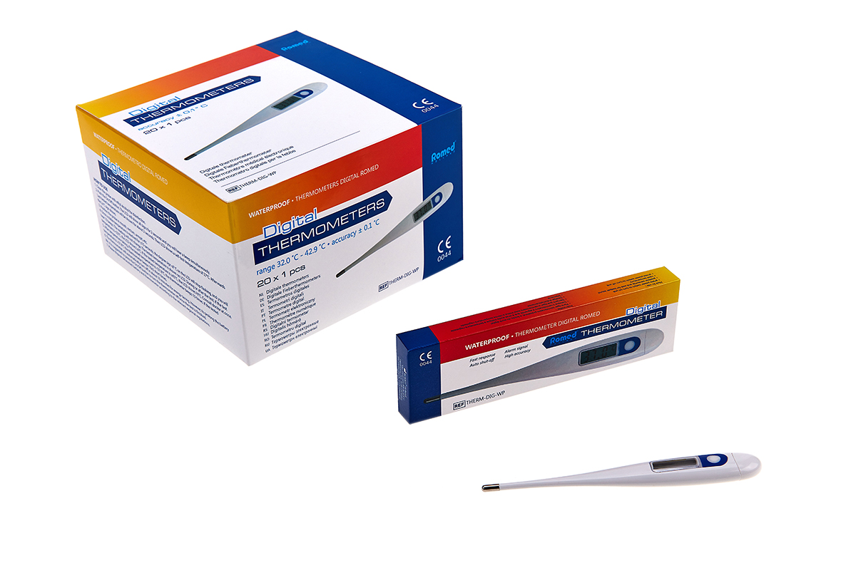 THERM-DIG-WP Termómetros Romed, tipo digital, resistentes al agua, empaquetados individualmente (en expositor de plástico), 20 unidades en una caja interior, 12 x 20 unidades = 240 unidades en una caja de cartón.