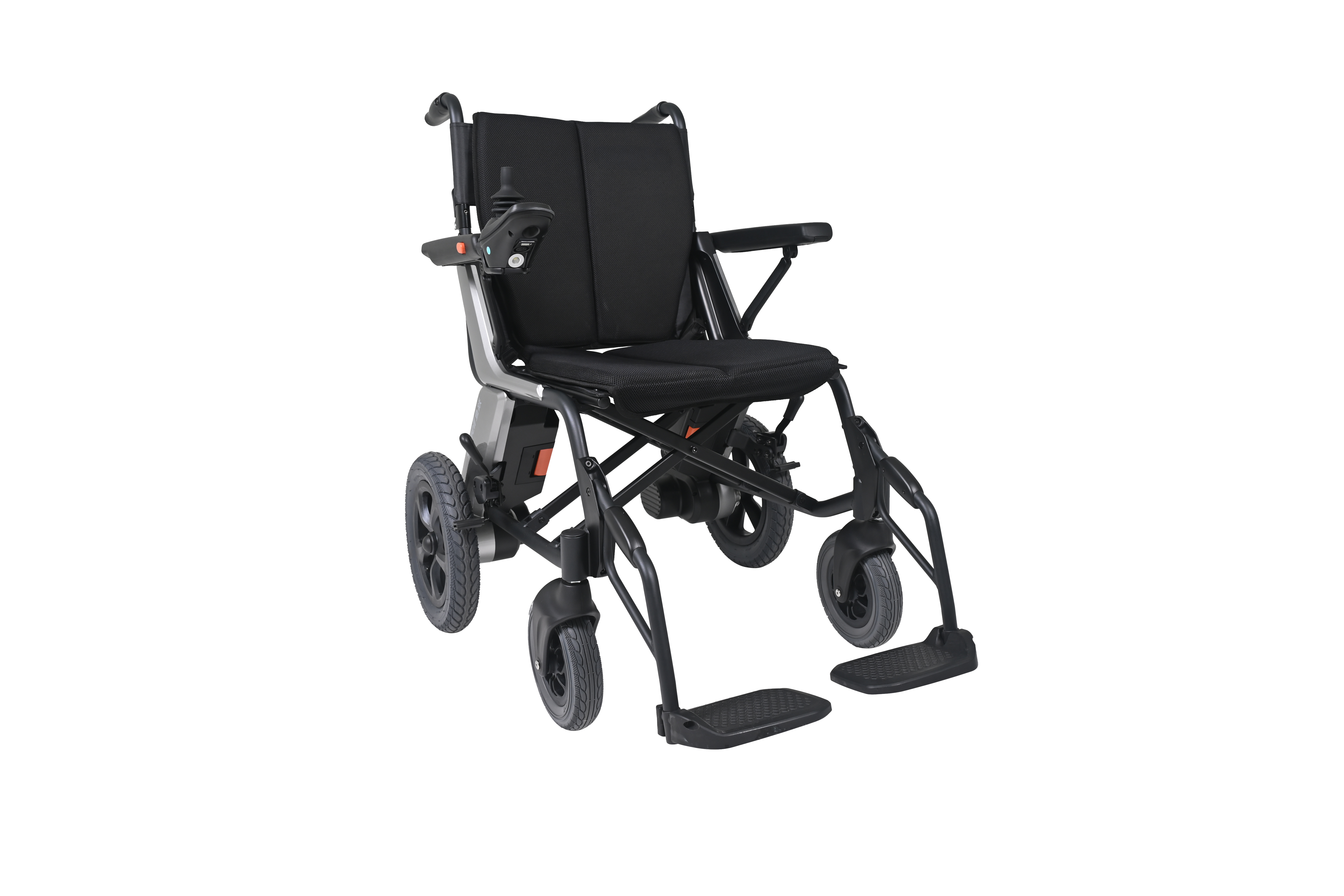 WHE-POWER-FOLD Romed foldable electric wheelchair, aluminum frame, with foldable armrest and foldable footrest, foldable backrest, per piece in a carton.