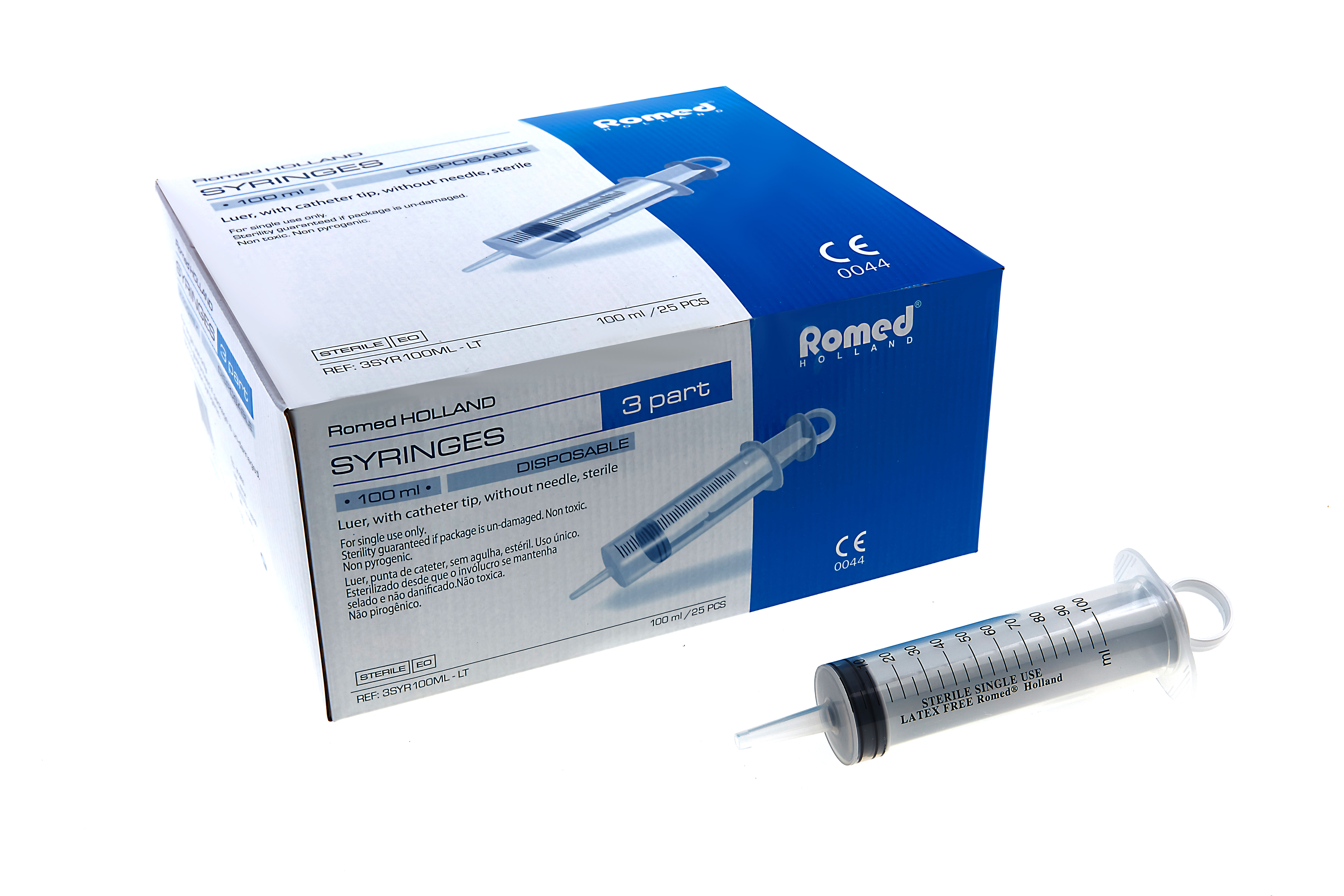 3SYR100ML-LT Romed 3-part syringes 100ml, catheter tip, sterile per piece, 25 pcs in an inner box, 4 x 25 pcs = 100 pcs in a carton.