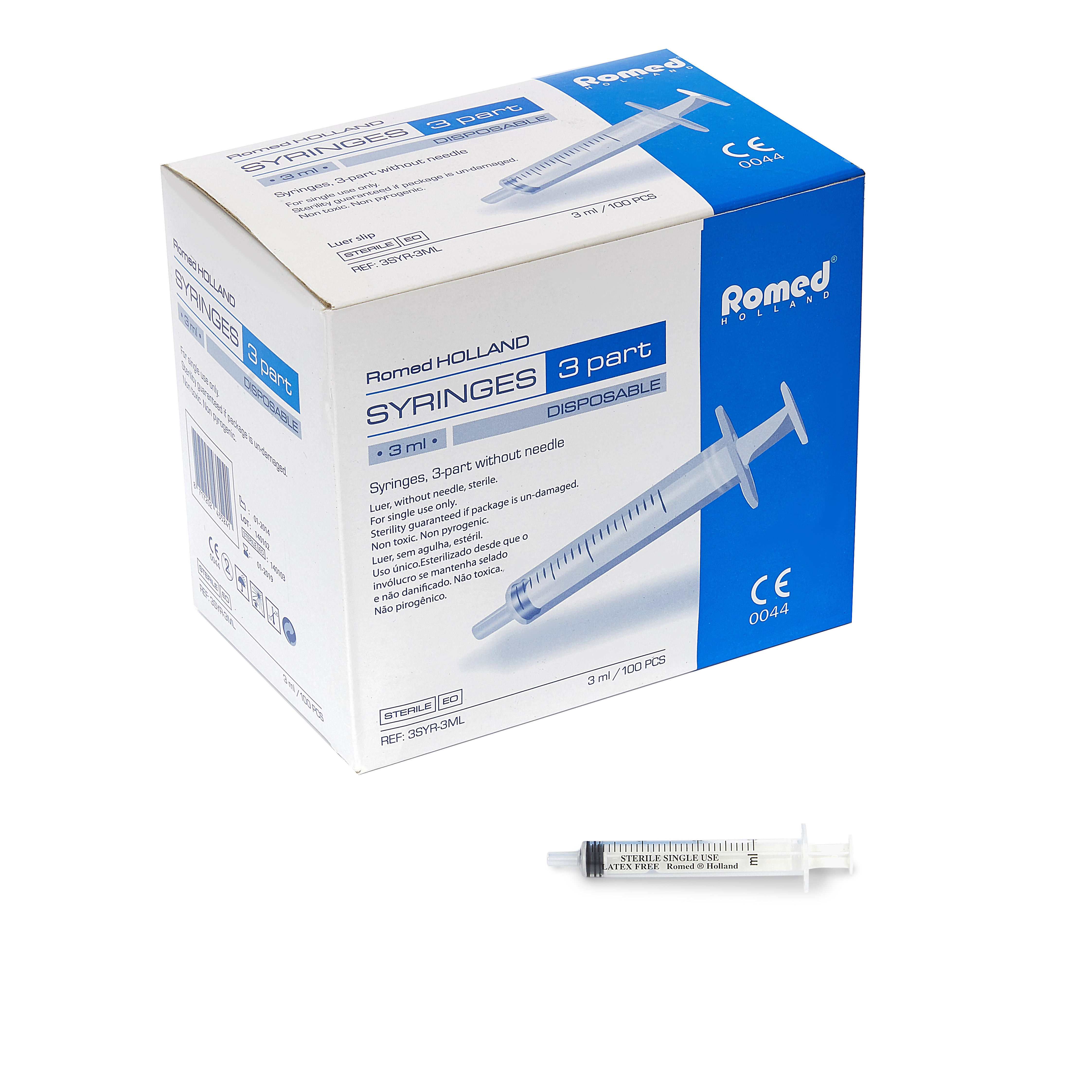 3SYR-3ML Siringhe Romed in 3 parti da 3 ml, senza ago, sterili per pezzo, 100 pezzi in una scatola interna, 30 x 100 pezzi = 3.000 pezzi per collo.