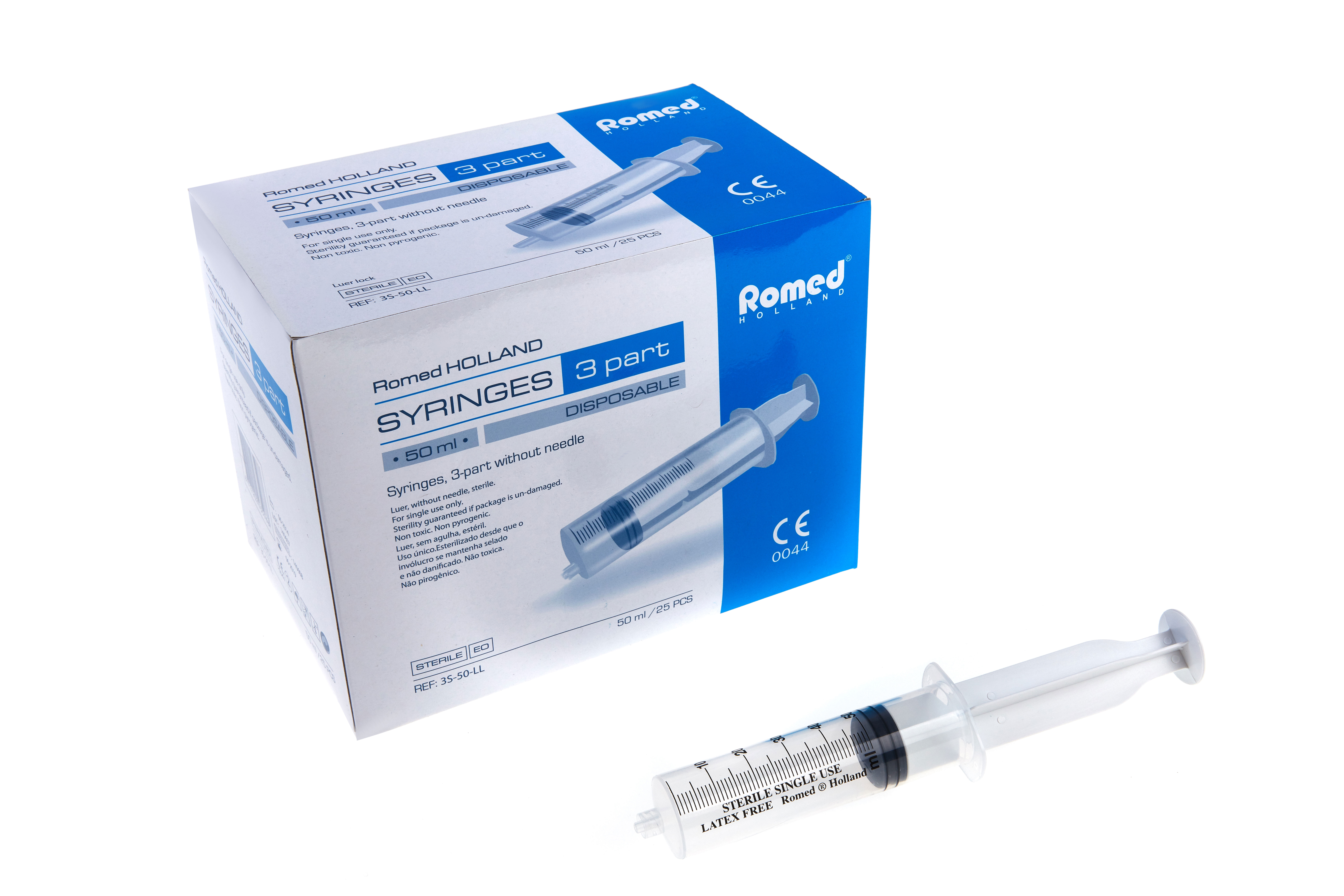 3S-50-LL Romed 3-part syringes 50ml, without needle, luer lock, sterile per piece, 25 pieces in an inner box, 16 x 25 pcs = 400 pcs in a carton.