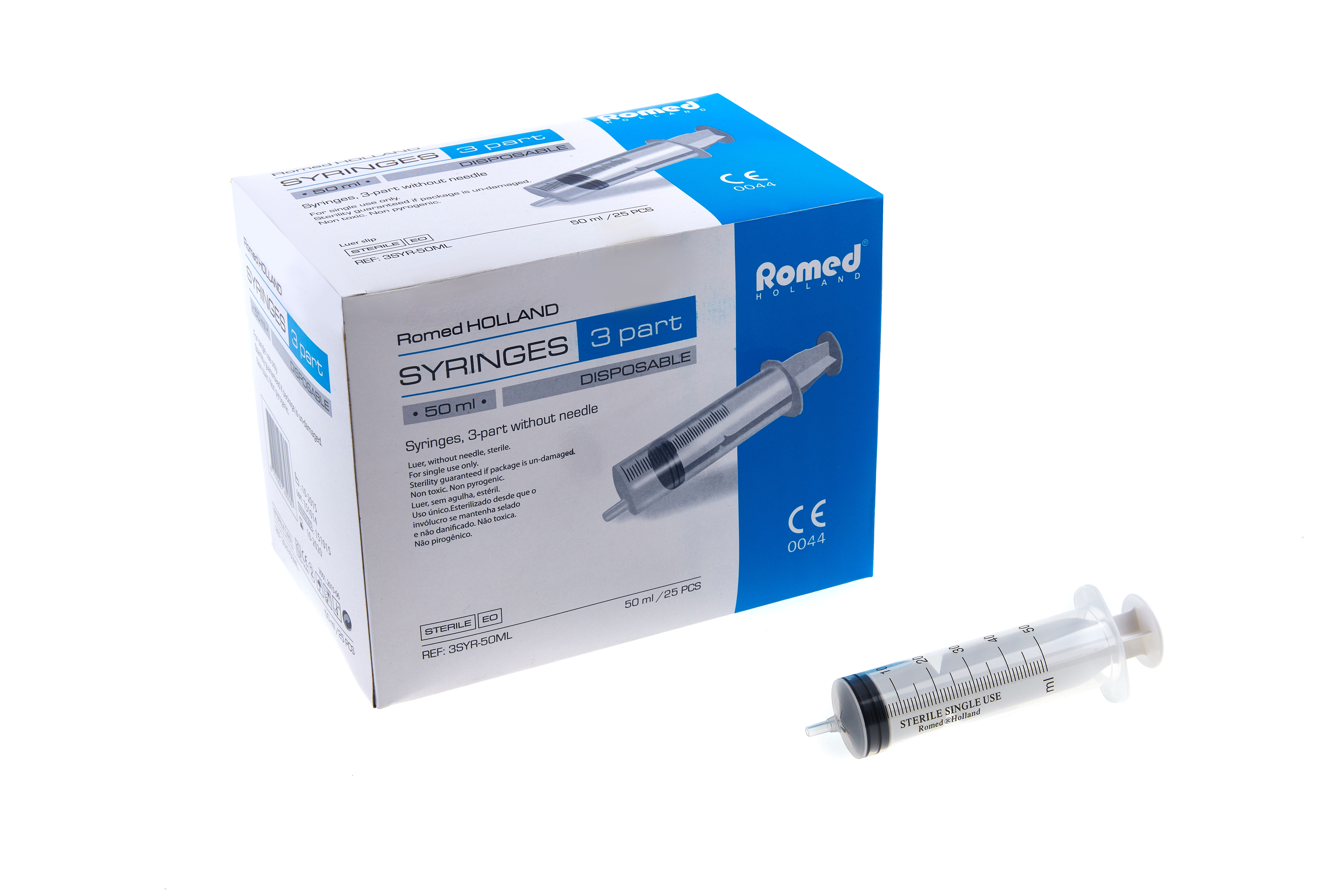 3SYR-50ML Romed 3-part syringes 50ml, without needle, sterile per piece, 25 pcs in an inner box, 16 x 25 pcs = 400 pcs in a carton.