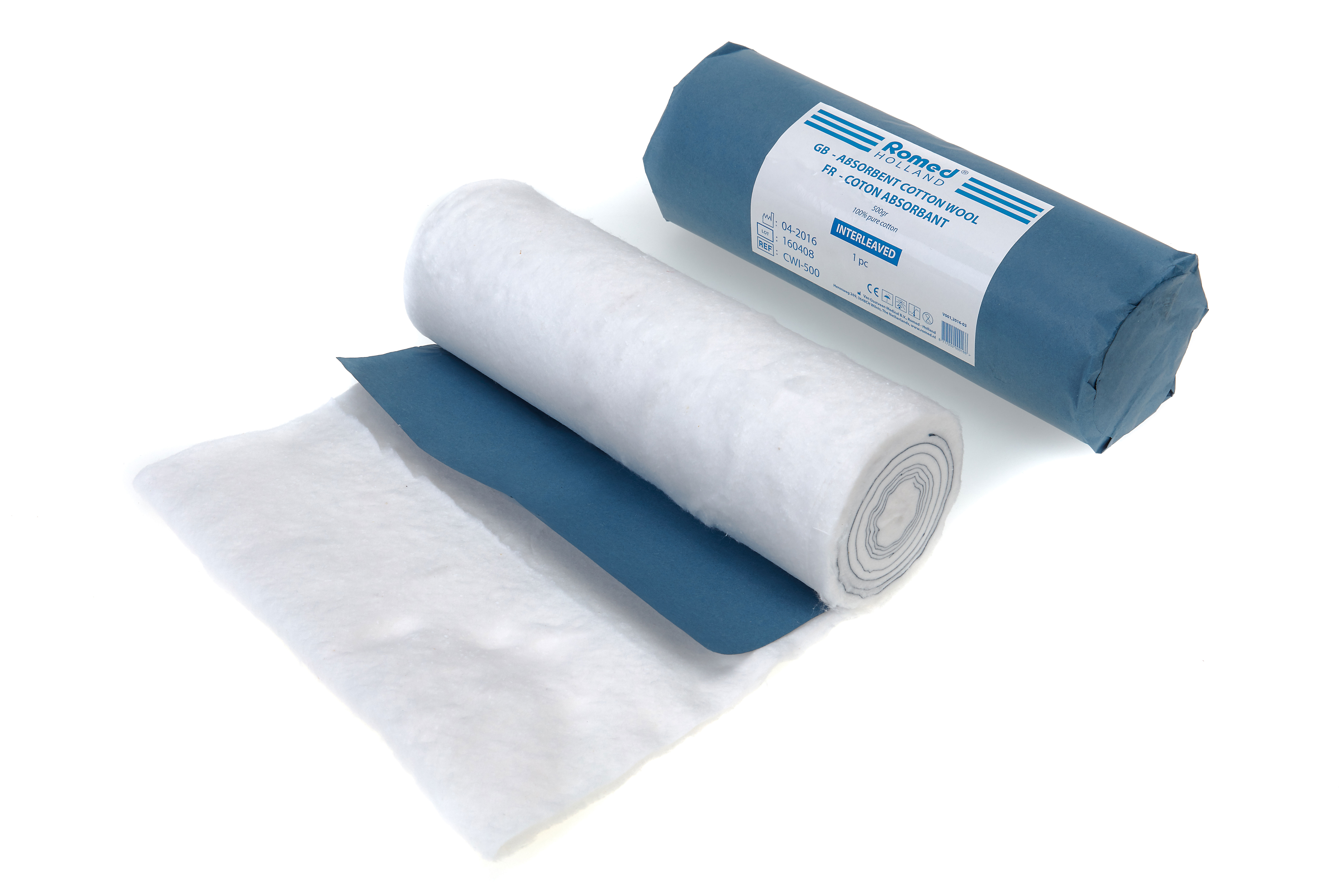 CWI-500 Algodão em rama absorvente Romed, 500 g, desengordurado e branqueado, entretecido, com papel azul: corte final, 100% algodão puro, à un., 30 rolos por caixa de envio.
